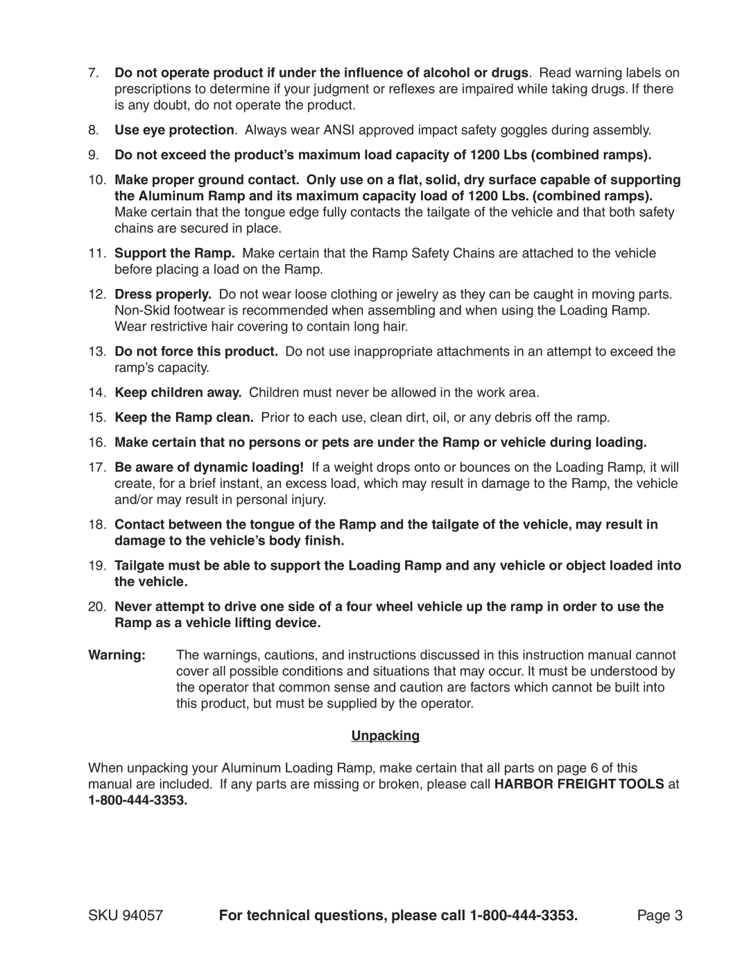 Harbor Freight Tools 94057 operating instructions SKU For technical questions, please call 