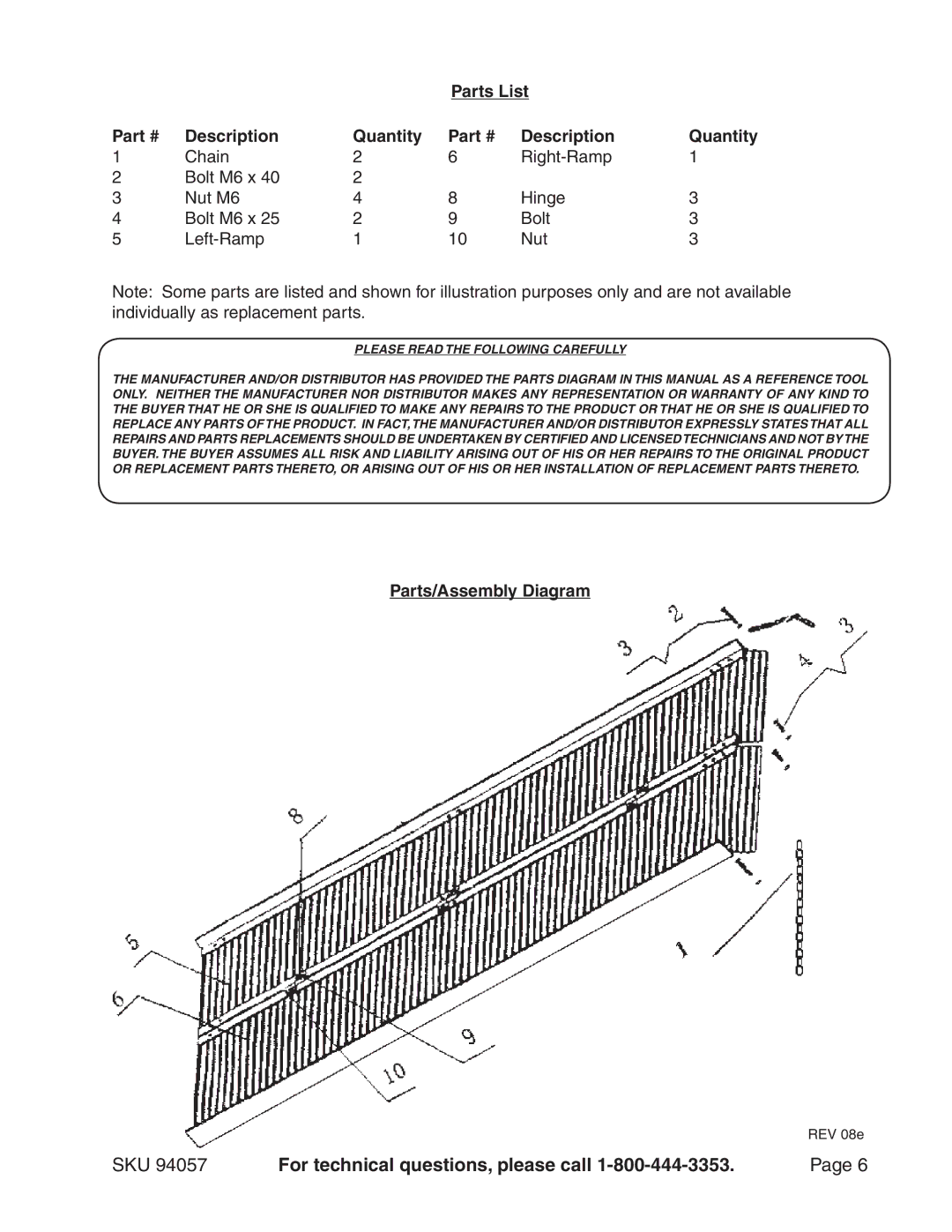 Harbor Freight Tools 94057 operating instructions Parts List Description Quantity, Parts/Assembly Diagram 