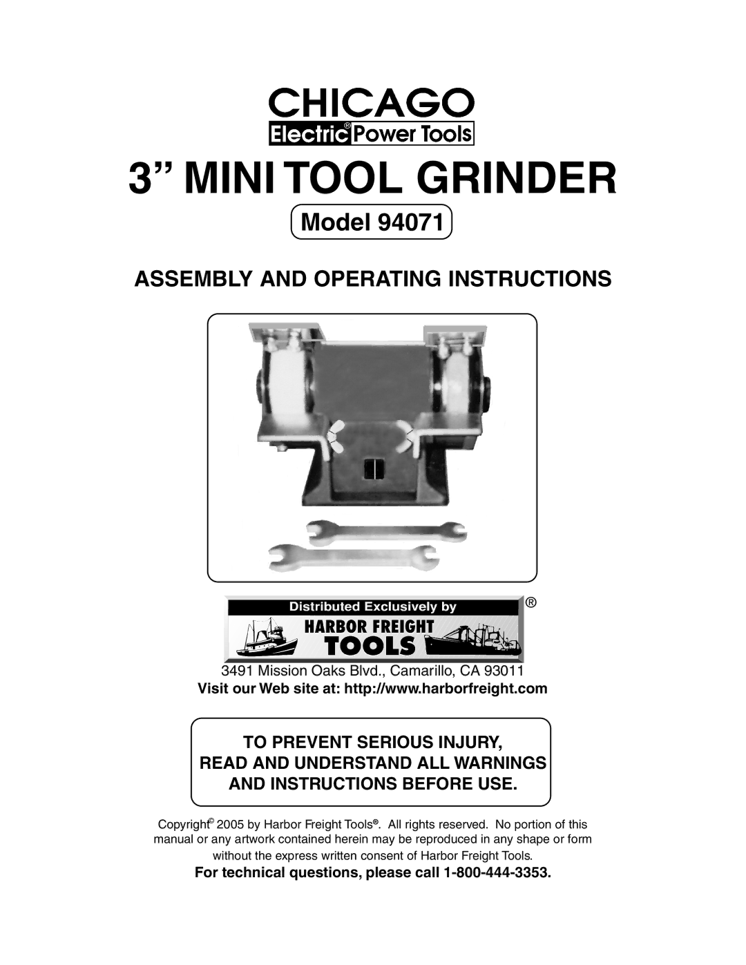 Harbor Freight Tools 94071 operating instructions Mini Tool Grinder, For technical questions, please call 