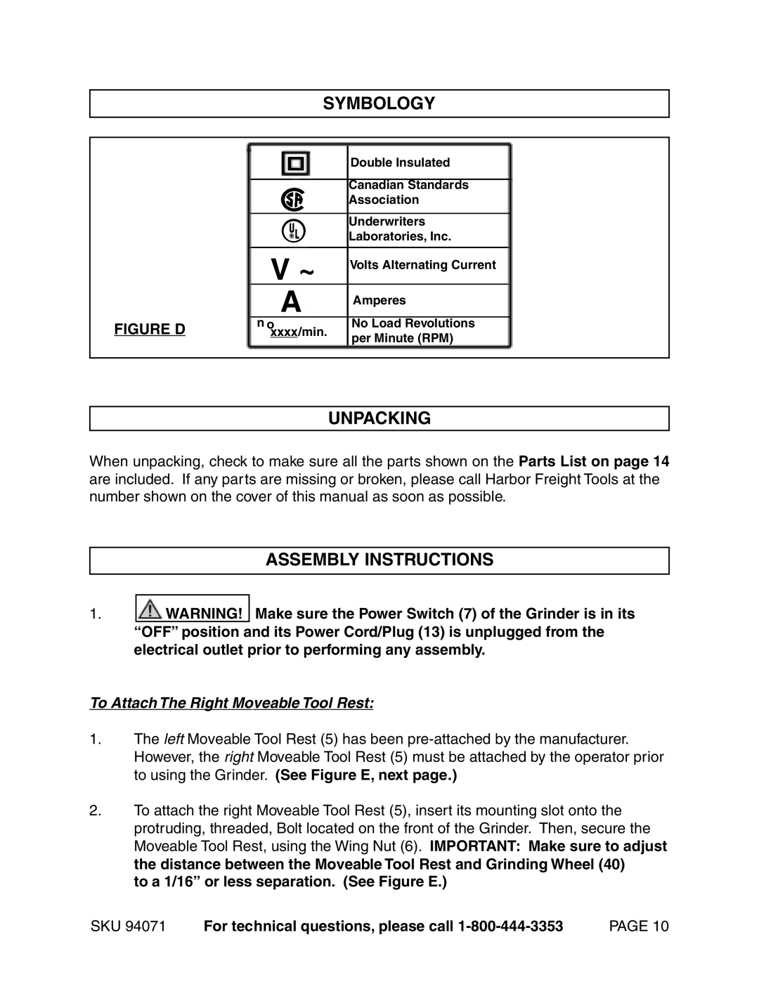 Harbor Freight Tools 94071 operating instructions Symbology, Unpacking, Assembly Instructions 