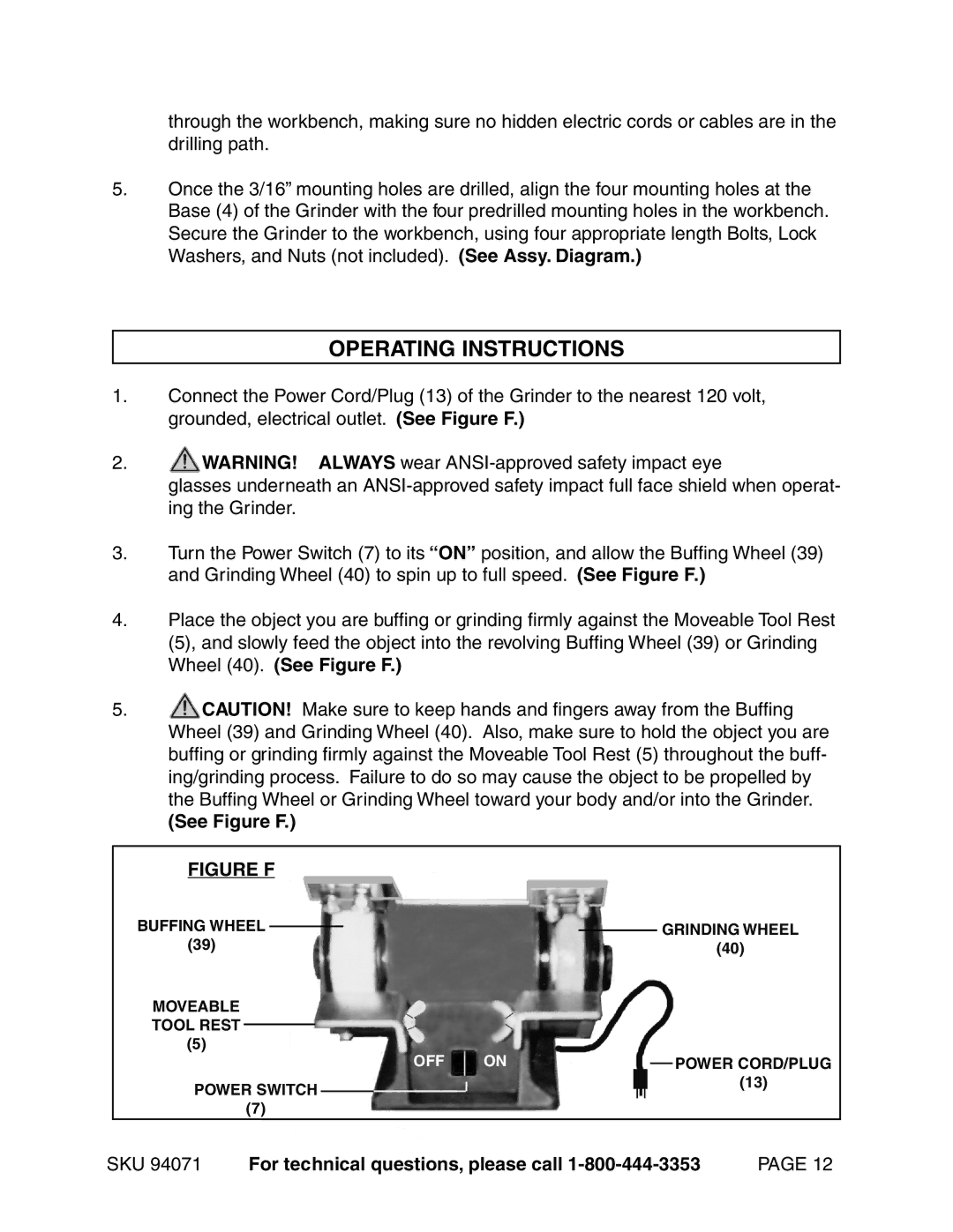 Harbor Freight Tools 94071 operating instructions Operating Instructions, See Figure F 