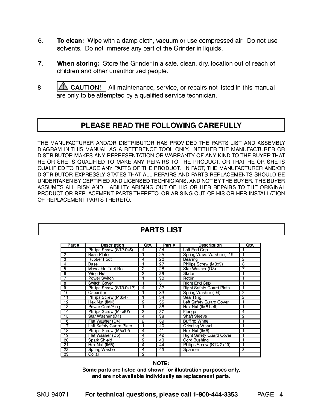 Harbor Freight Tools 94071 operating instructions Please Read the Following Carefully, Parts List 