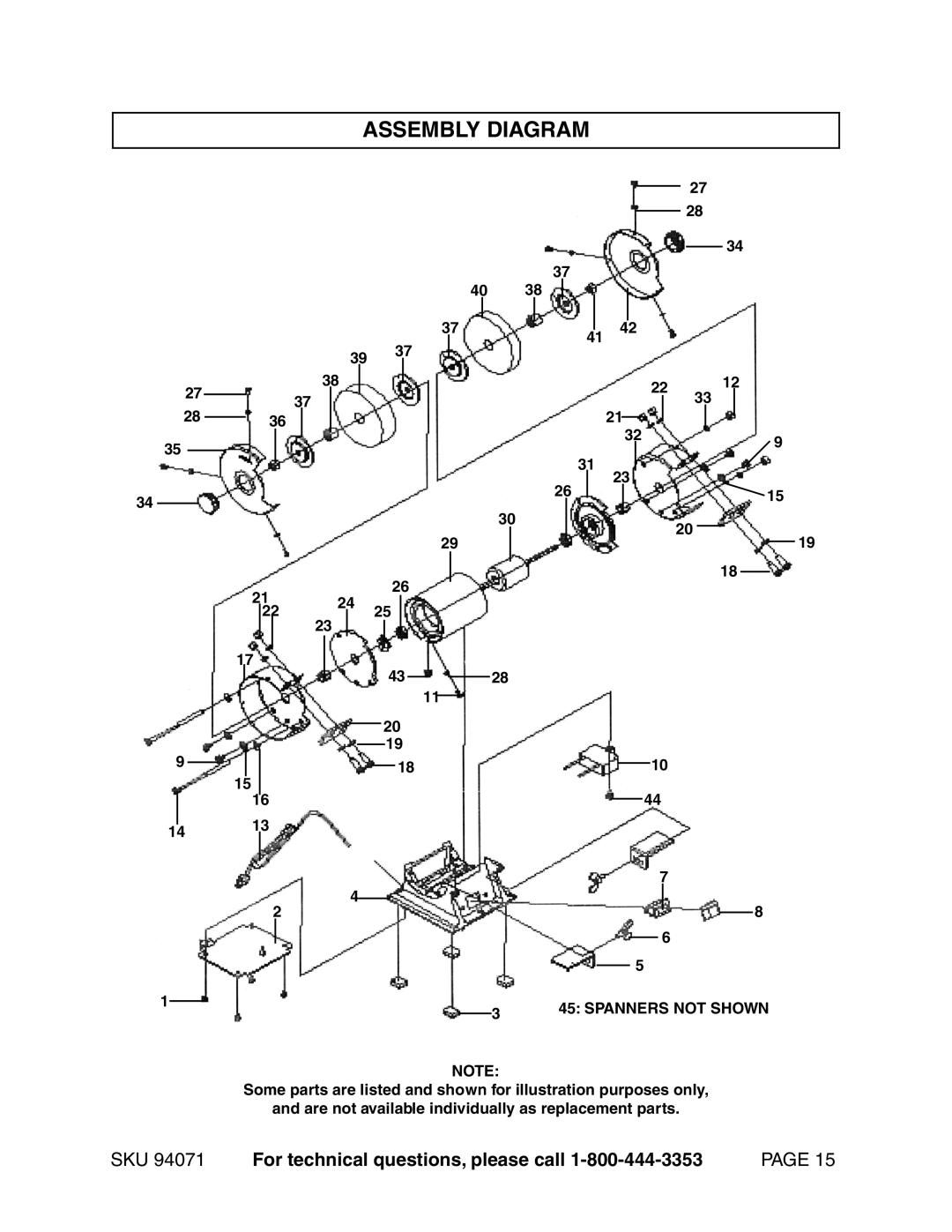 Harbor Freight Tools 94071 operating instructions Assembly Diagram, Spanners not Shown 