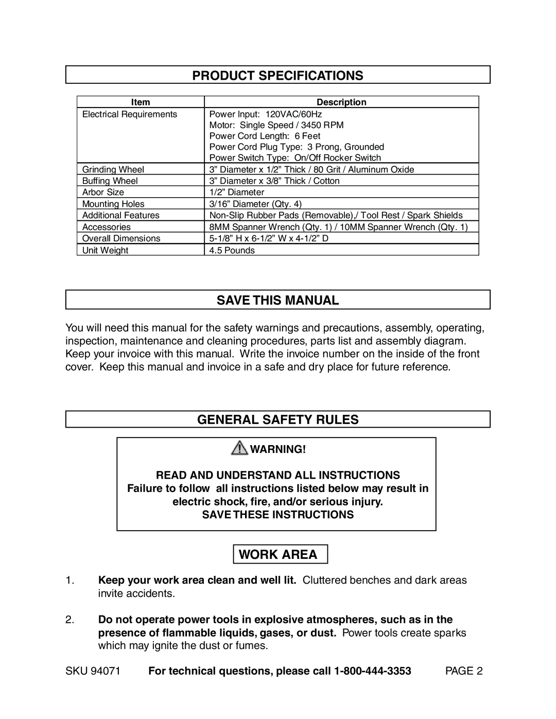 Harbor Freight Tools 94071 operating instructions Product Specifications, Save this Manual, General Safety Rules, Work Area 