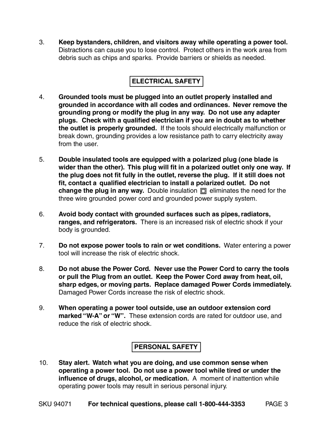 Harbor Freight Tools 94071 operating instructions Electrical Safety, Personal Safety 