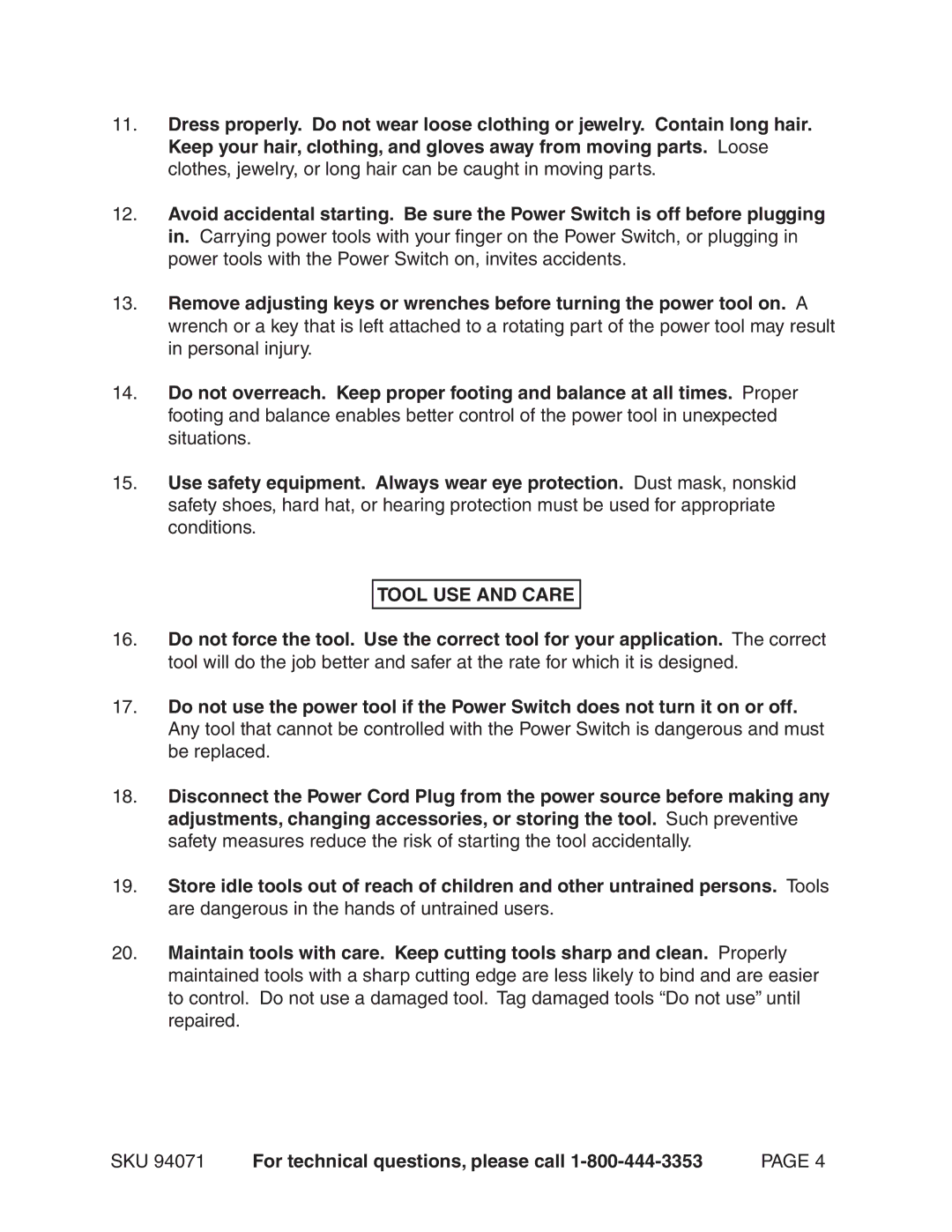 Harbor Freight Tools 94071 operating instructions Tool USE and Care 