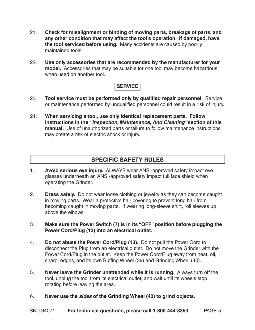 Harbor Freight Tools 94071 operating instructions Specific Safety Rules, Service 