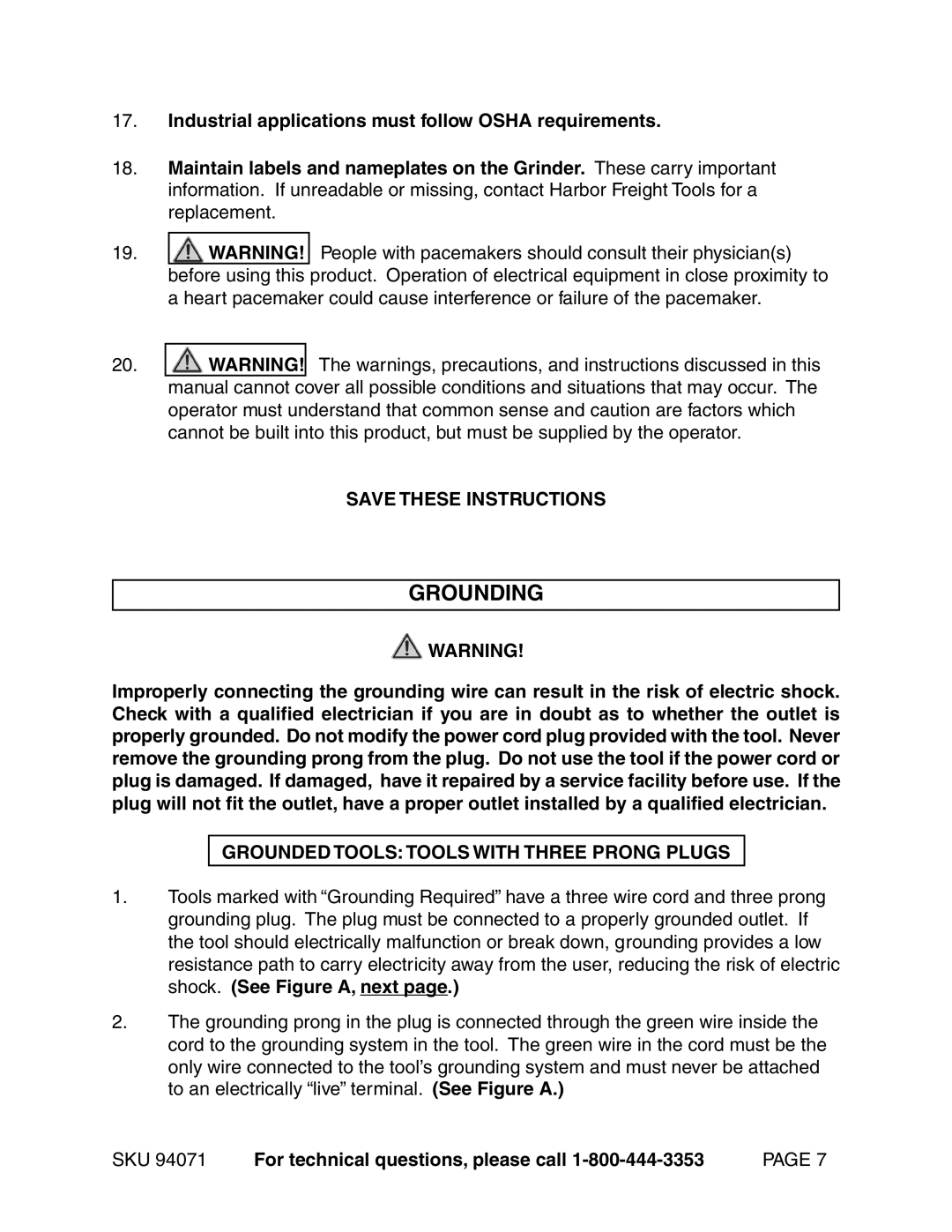 Harbor Freight Tools 94071 operating instructions Grounding, Industrial applications must follow Osha requirements 