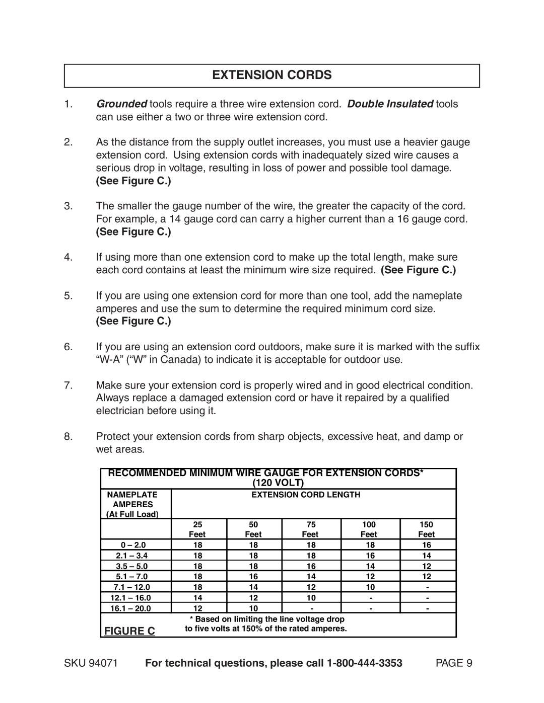 Harbor Freight Tools 94071 operating instructions Extension Cords, See Figure C 