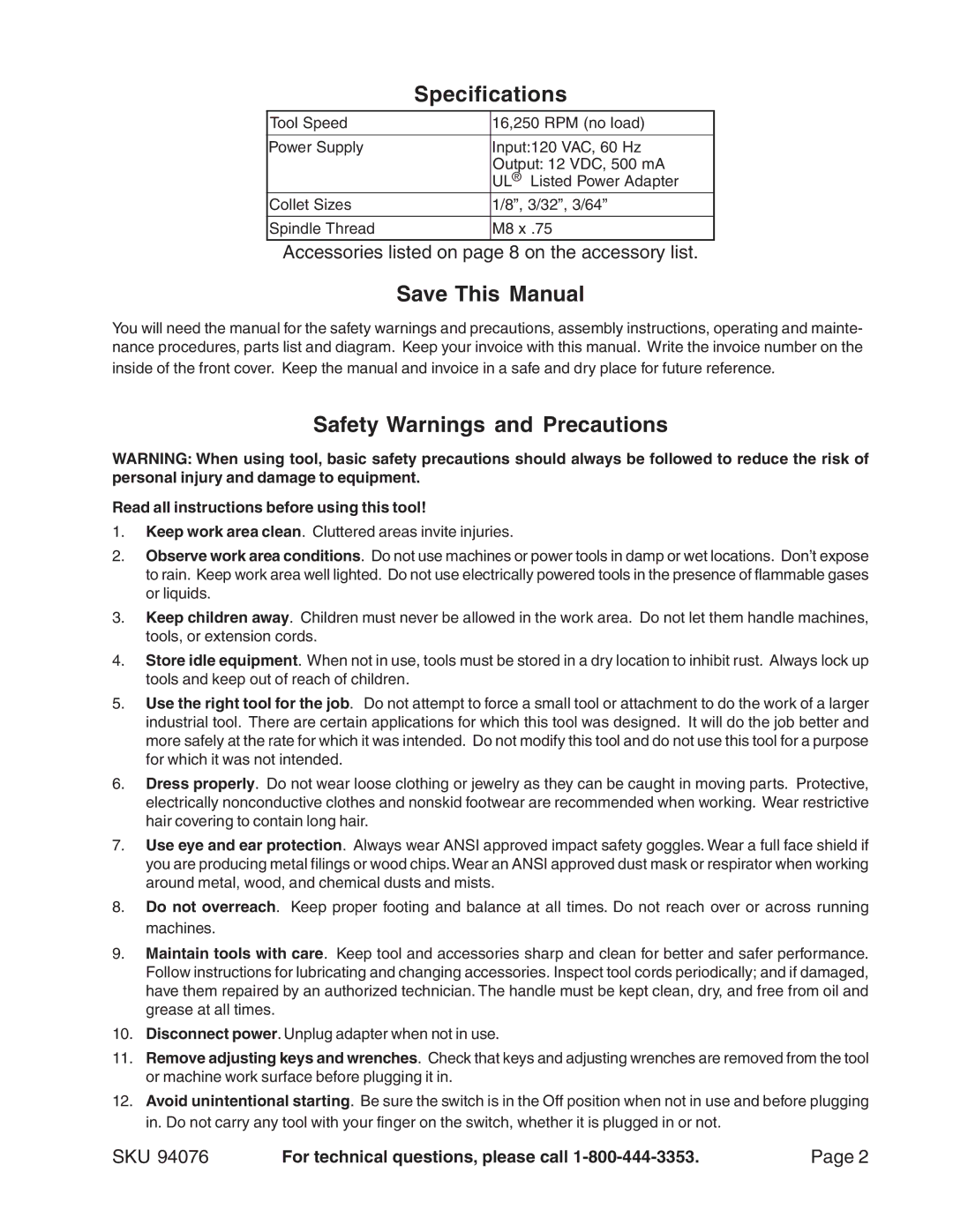 Harbor Freight Tools 94076 operating instructions Specifications, Save This Manual, Safety Warnings and Precautions, Sku 