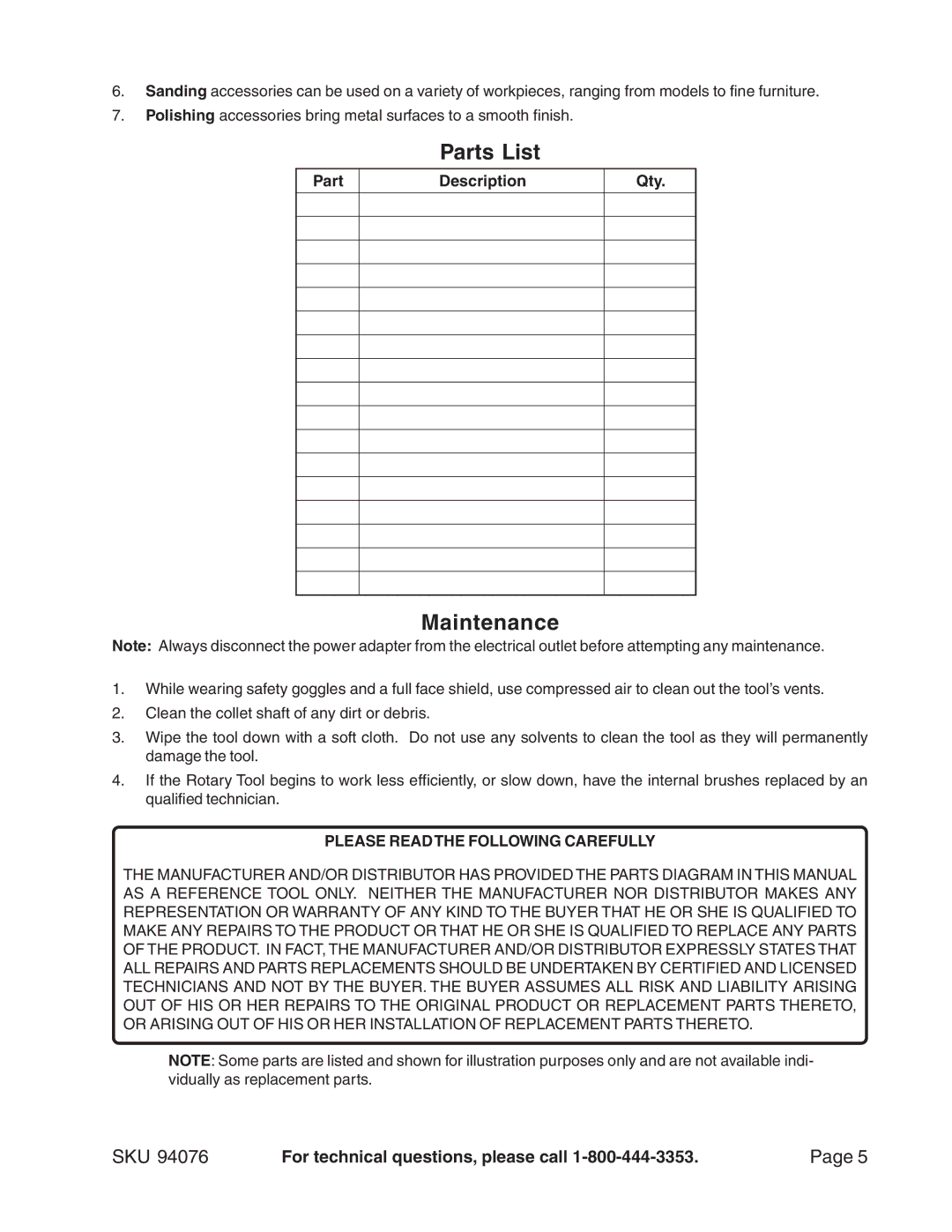 Harbor Freight Tools 94076 operating instructions Parts List, Maintenance 