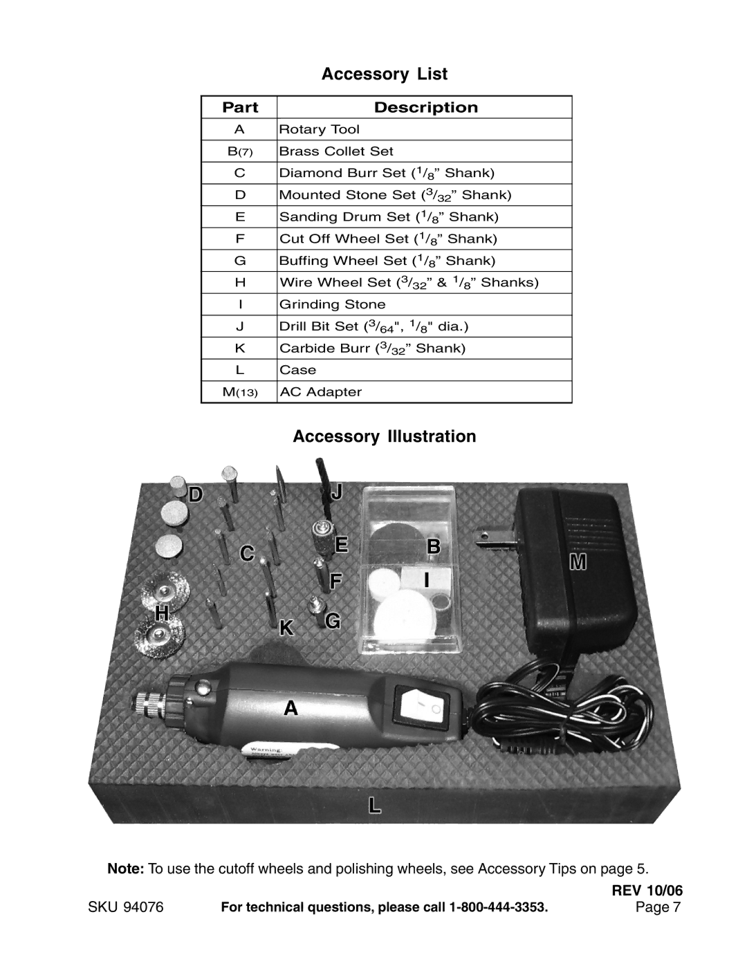 Harbor Freight Tools 94076 operating instructions Accessory List, Accessory Illustration, Part Description, REV 10/06 