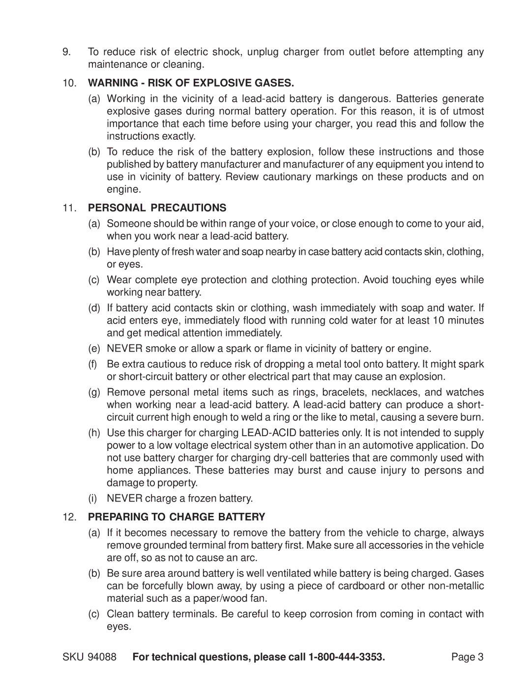 Harbor Freight Tools 94088 operating instructions Personal Precautions, Preparing to Charge Battery 