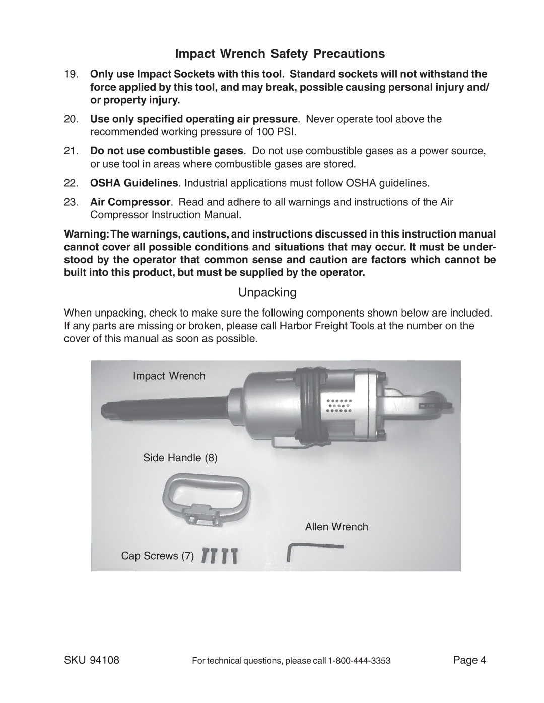 Harbor Freight Tools 94108 operating instructions Impact Wrench Safety Precautions, Unpacking 