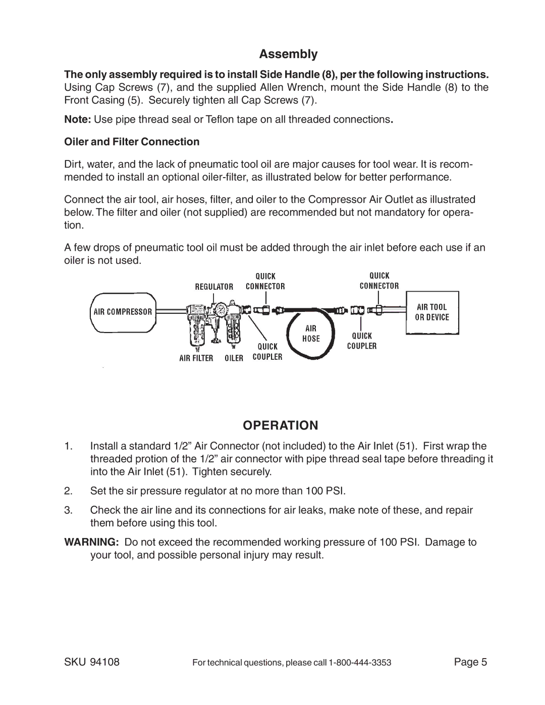 Harbor Freight Tools 94108 operating instructions Assembly, Oiler and Filter Connection 