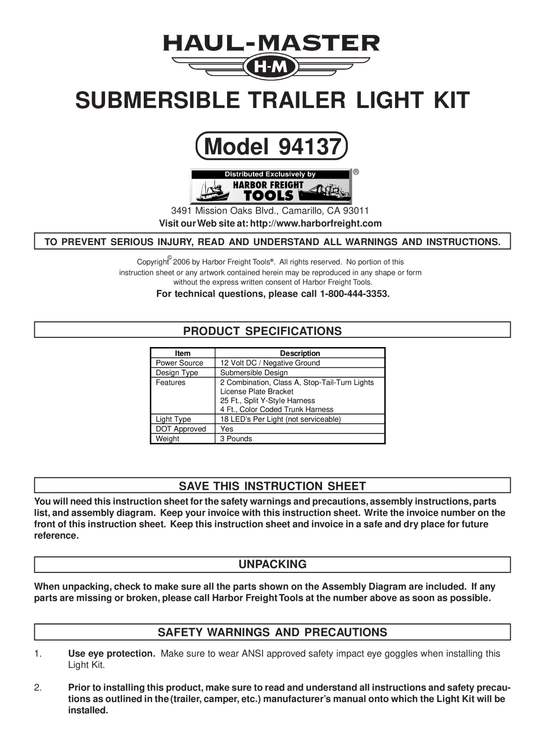 Harbor Freight Tools 94137 specifications Product Specifications, Save this Instruction Sheet, Unpacking 