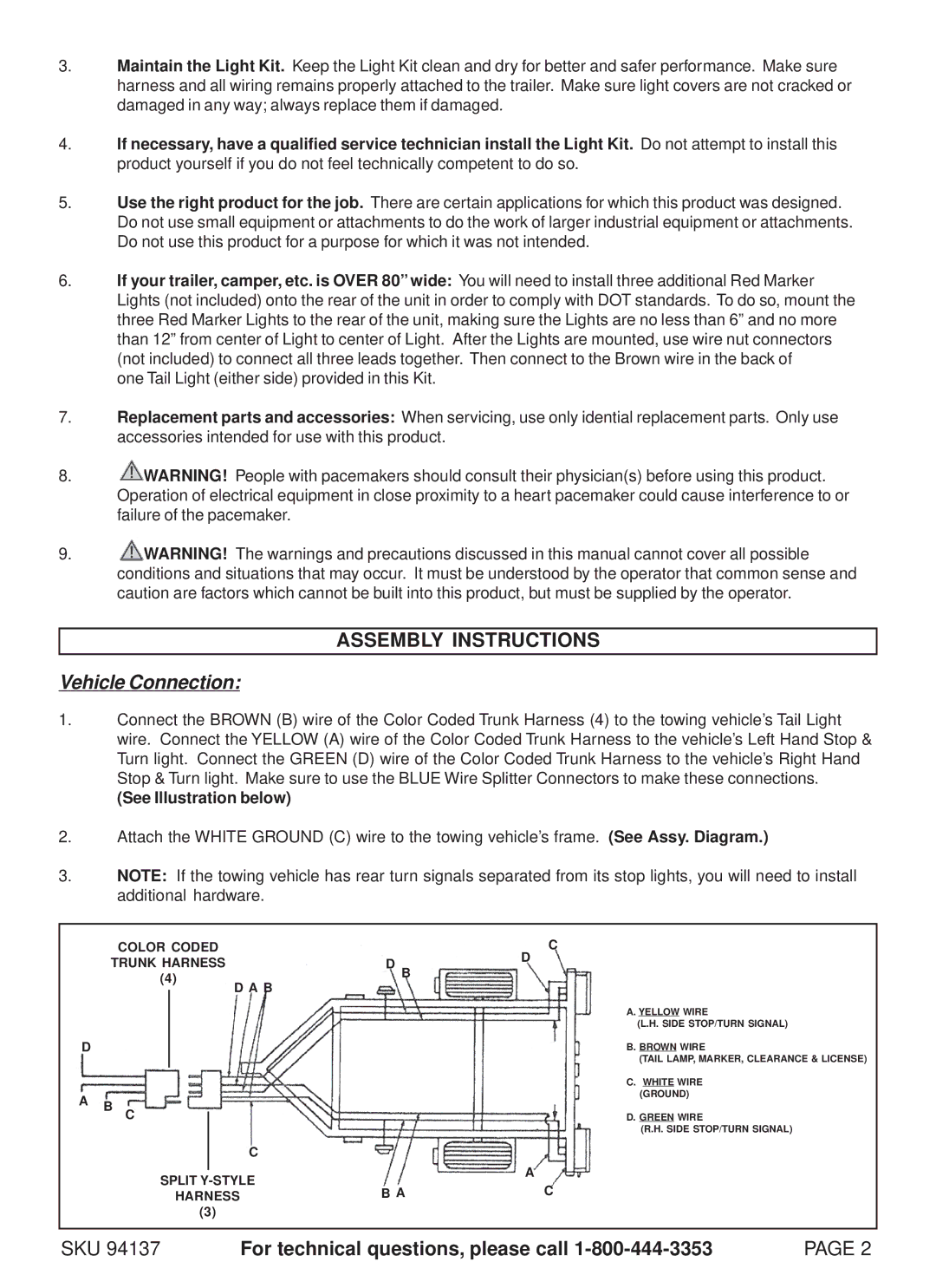 Harbor Freight Tools 94137 specifications Assembly Instructions, Vehicle Connection, See Illustration below 