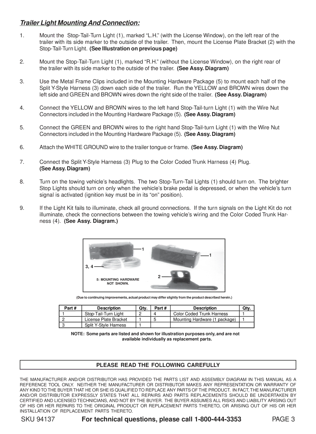 Harbor Freight Tools 94137 specifications Trailer Light Mounting And Connection, See Assy. Diagram, Description Qty 