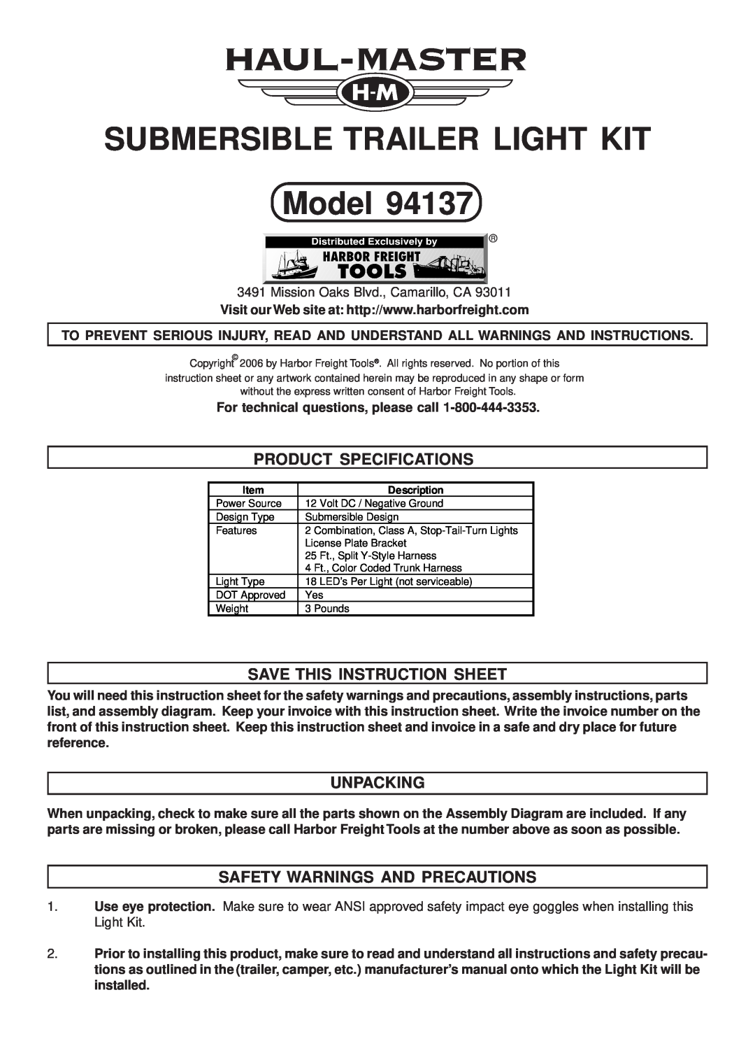 Harbor Freight Tools 94137 specifications Product Specifications, Save This Instruction Sheet, Unpacking 