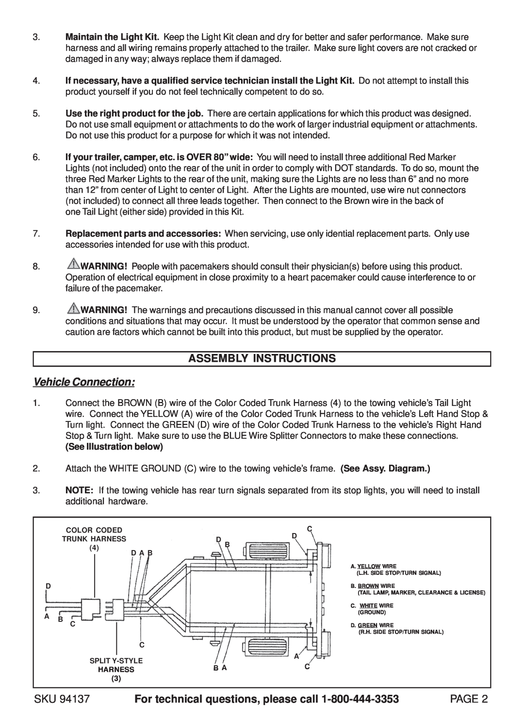 Harbor Freight Tools 94137 Assembly Instructions, Vehicle Connection, For technical questions, please call, Page 