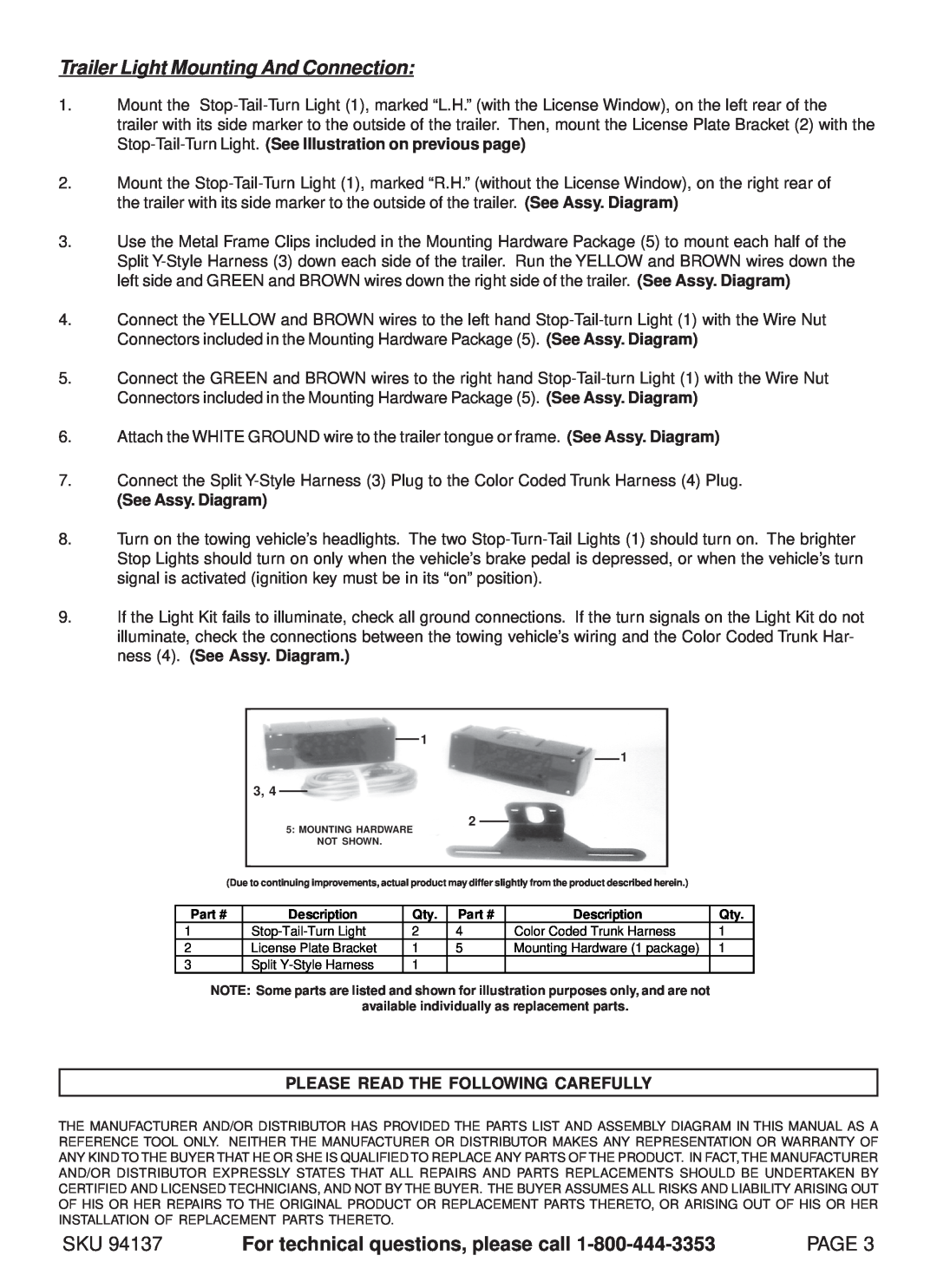 Harbor Freight Tools 94137 specifications Trailer Light Mounting And Connection, For technical questions, please call, Page 