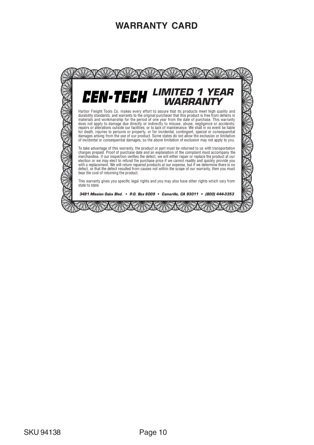 Harbor Freight Tools 94138 manual Limited 1 Year Warranty 