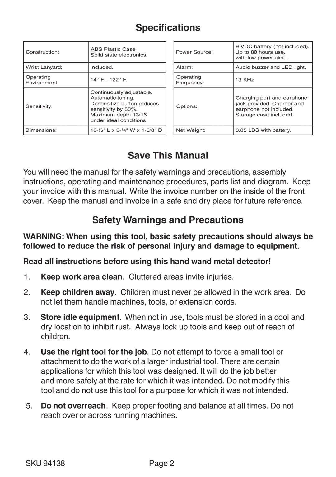 Harbor Freight Tools 94138 manual Specifications, Save This Manual, Safety Warnings and Precautions 