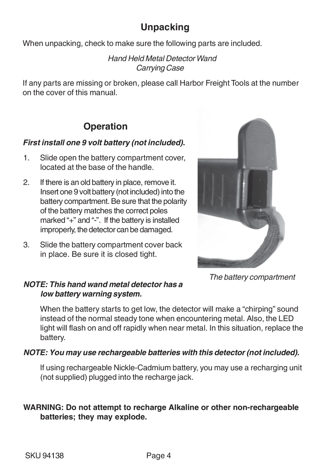 Harbor Freight Tools 94138 manual Unpacking, Operation, First install one 9 volt battery not included 