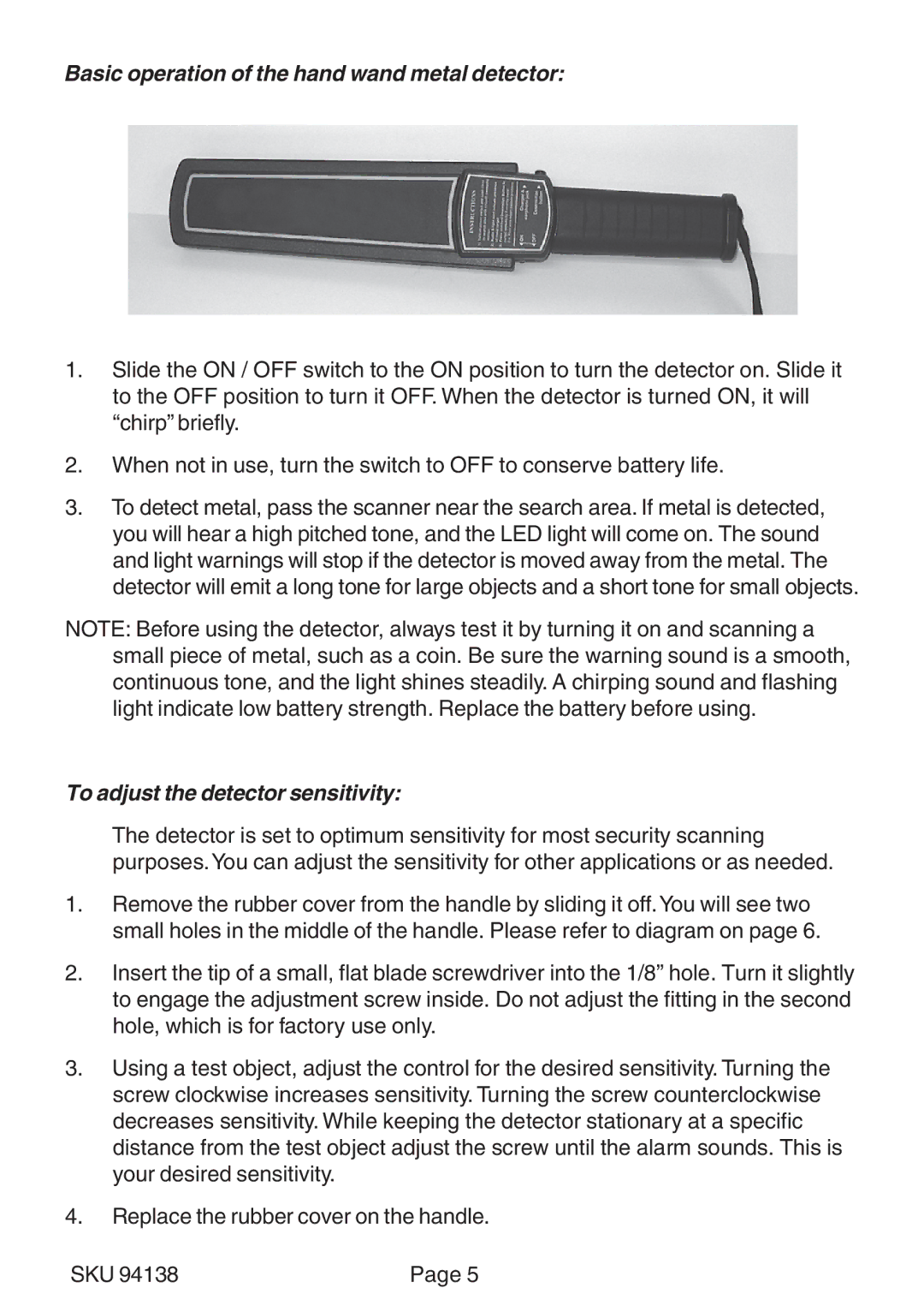 Harbor Freight Tools 94138 manual Basic operation of the hand wand metal detector, To adjust the detector sensitivity 