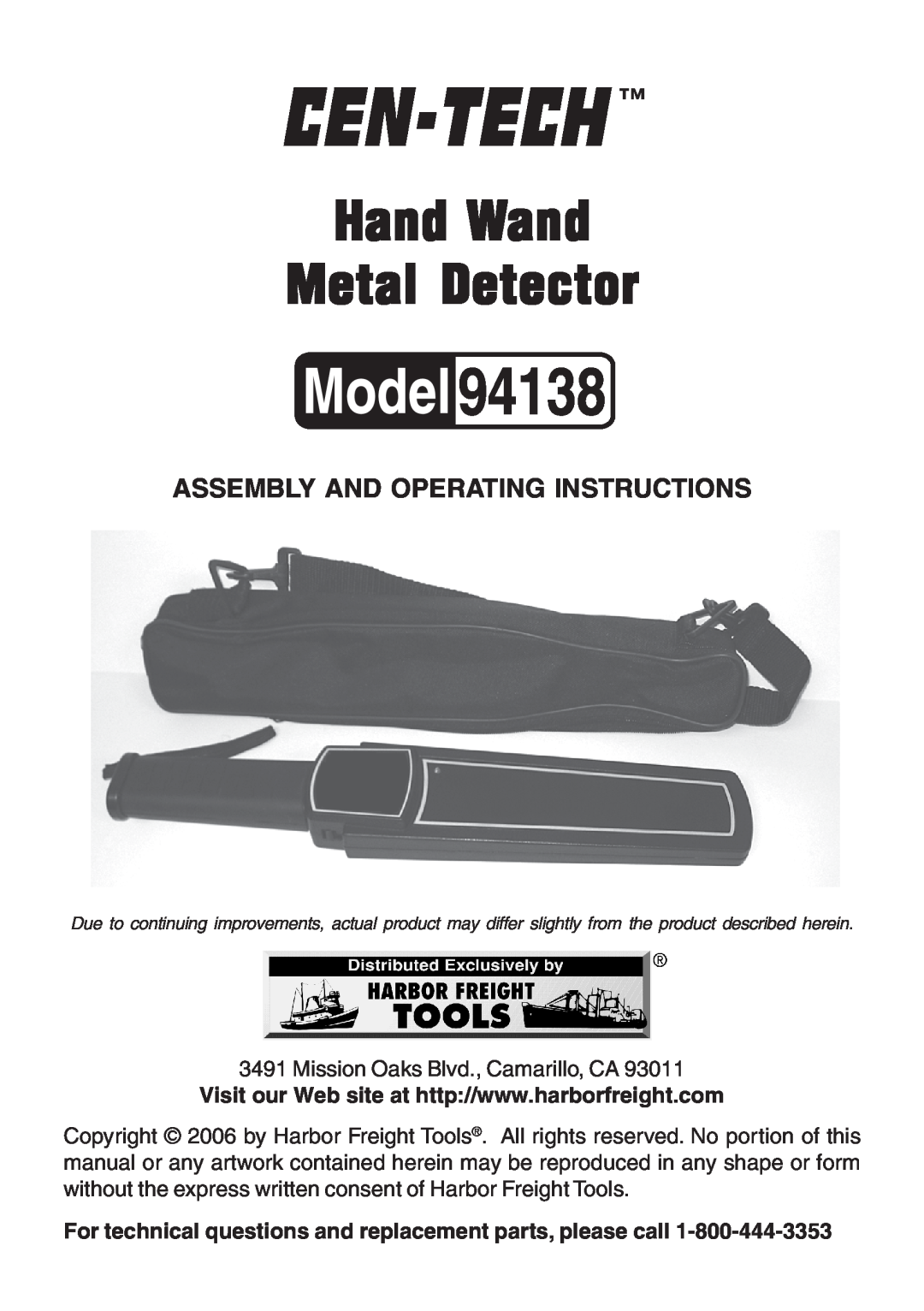 Harbor Freight Tools 94138 manual Assembly And Operating Instructions, Hand Wand Metal Detector 