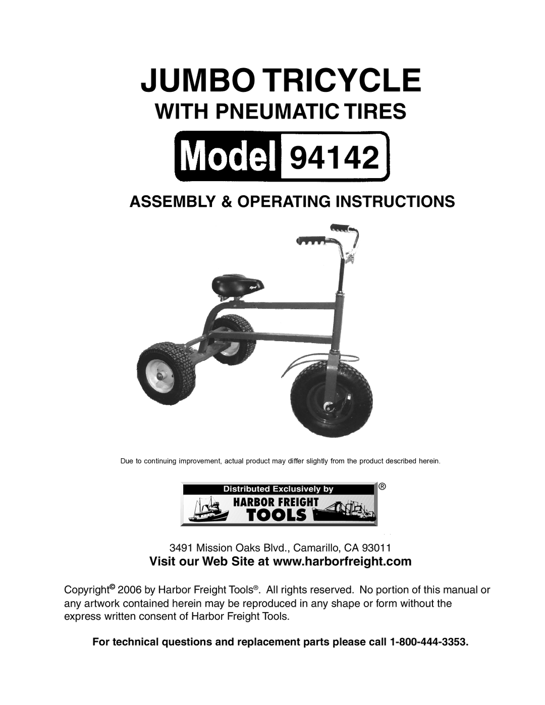 Harbor Freight Tools 94142 operating instructions Jumbo Tricycle 