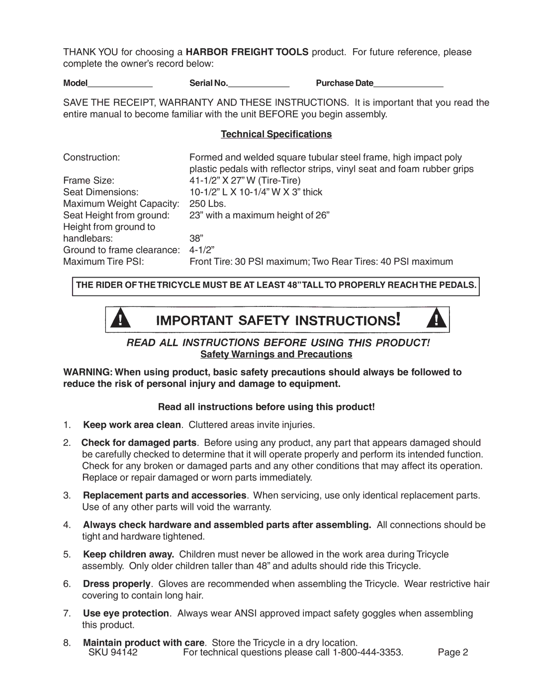 Harbor Freight Tools 94142 operating instructions Technical Specifications 