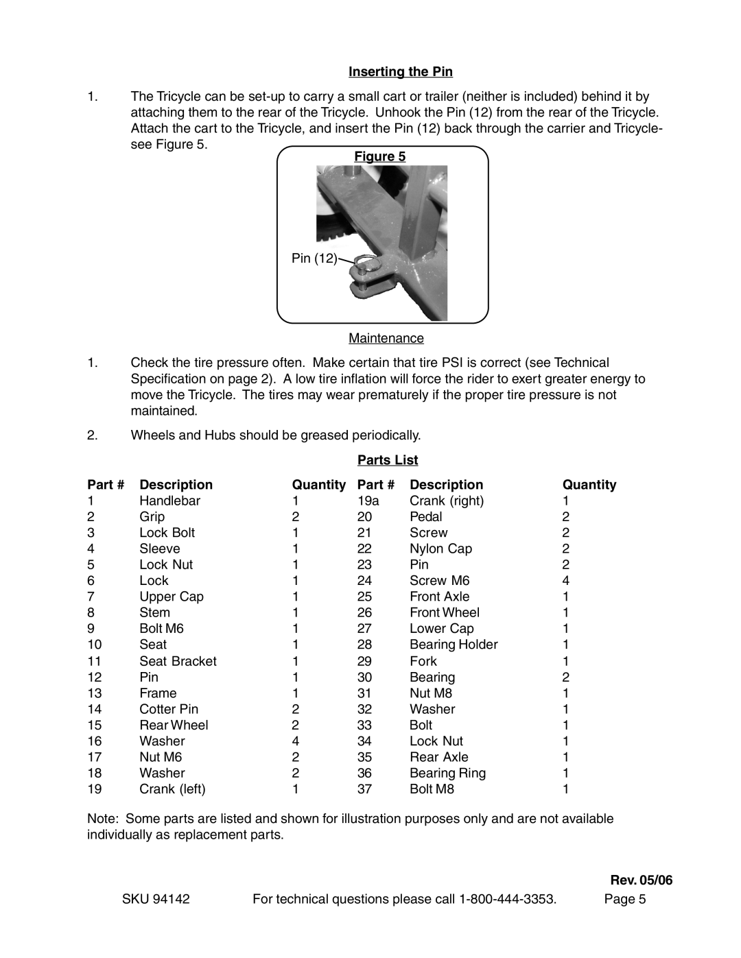 Harbor Freight Tools 94142 operating instructions Inserting the Pin, Parts List Description Quantity 