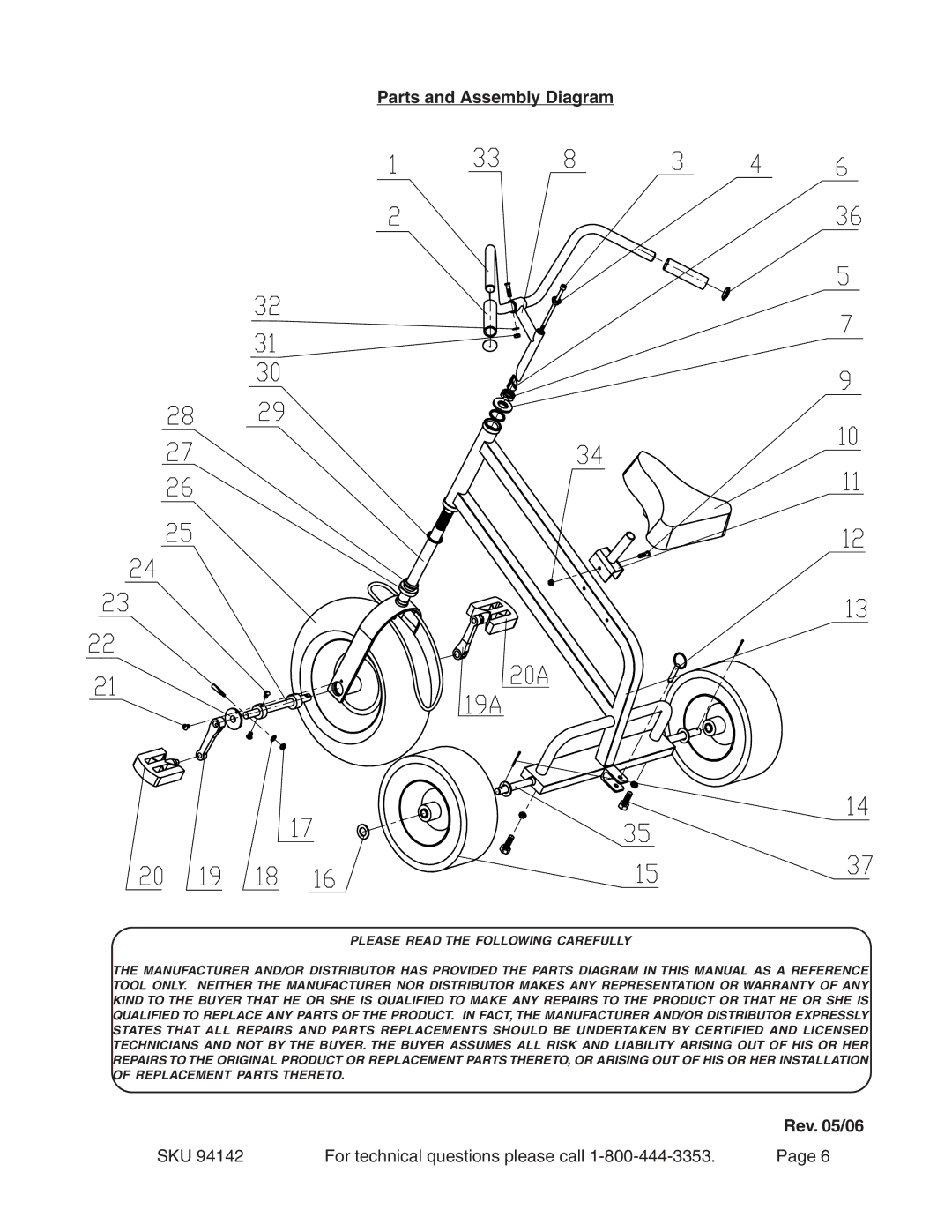 Harbor Freight Tools 94142 operating instructions Parts and Assembly Diagram, Rev /06 