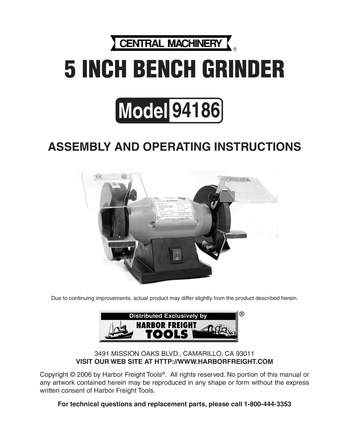 Harbor Freight Tools 94186 operating instructions Inch Bench Grinder 