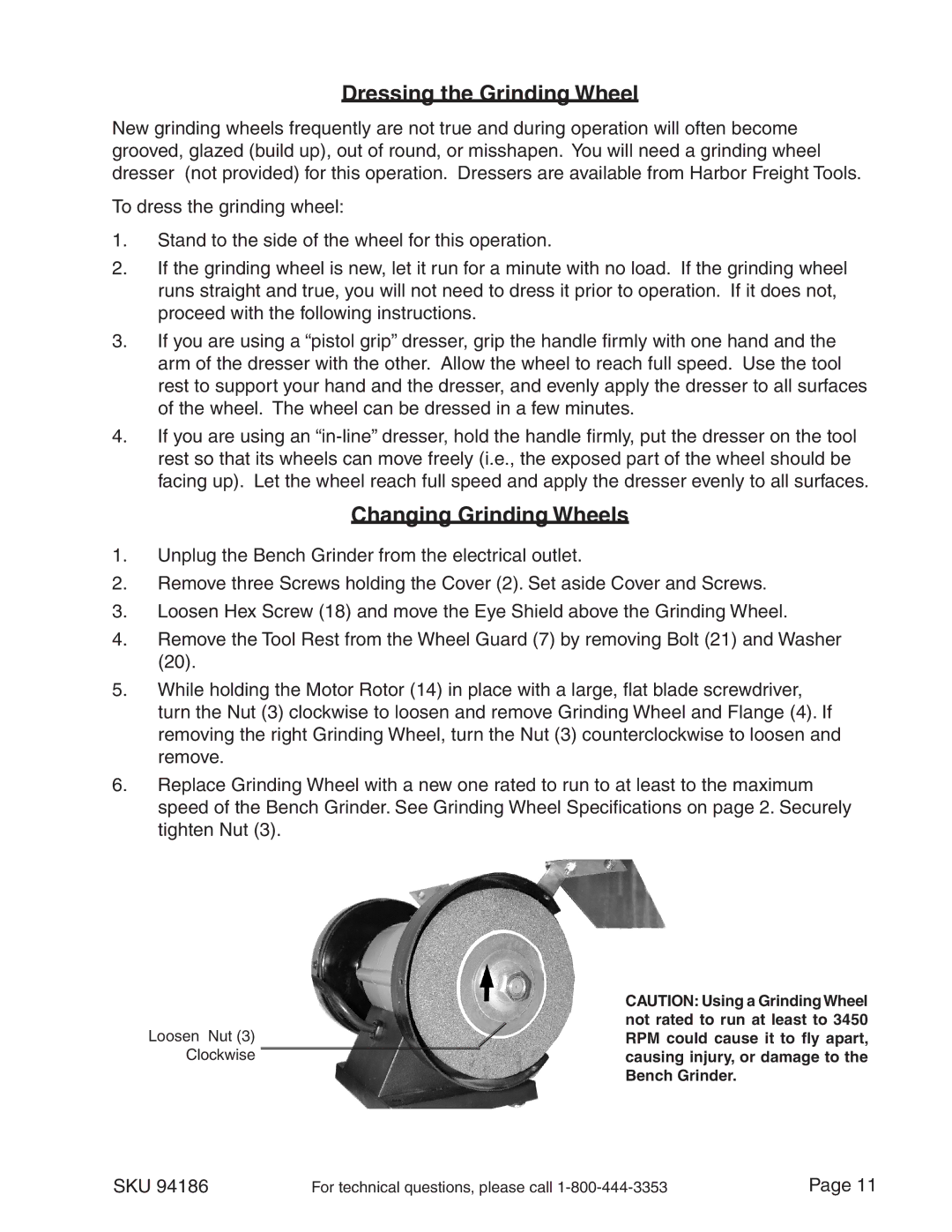 Harbor Freight Tools 94186 operating instructions Dressing the Grinding Wheel, Changing Grinding Wheels 