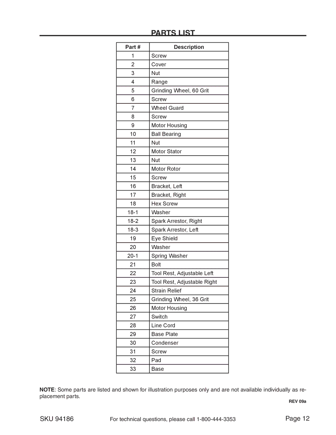 Harbor Freight Tools 94186 operating instructions Parts List 