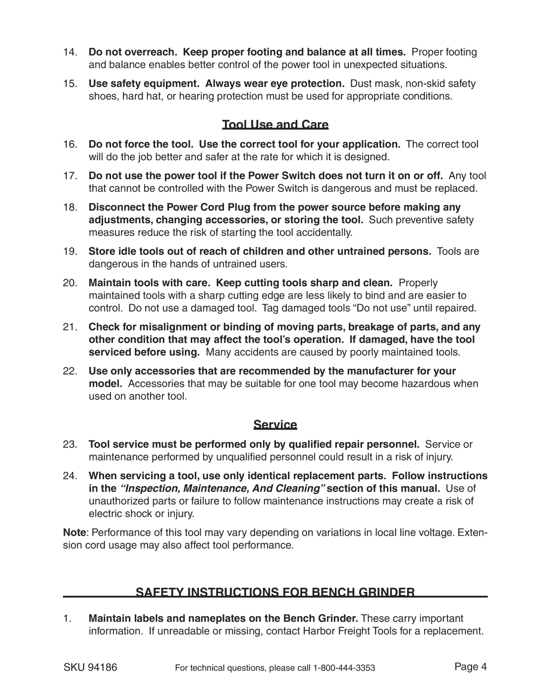 Harbor Freight Tools 94186 operating instructions Tool Use and Care, Service, Safety Instructions for Bench Grinder 