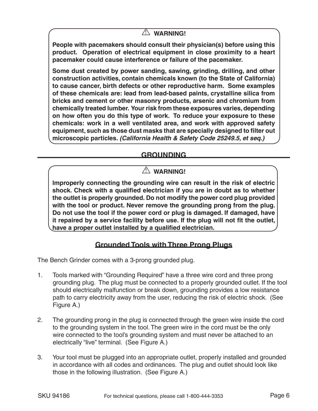 Harbor Freight Tools 94186 operating instructions Grounding, Grounded Tools with Three Prong Plugs 