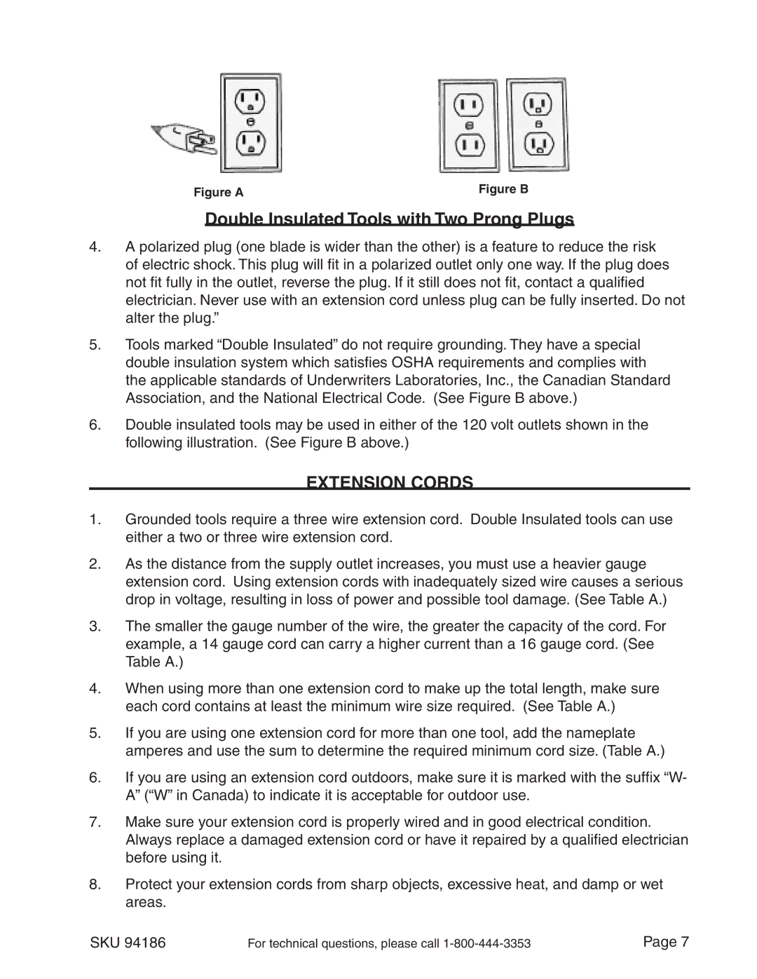 Harbor Freight Tools 94186 operating instructions Double Insulated Tools with Two Prong Plugs, Extension Cords 