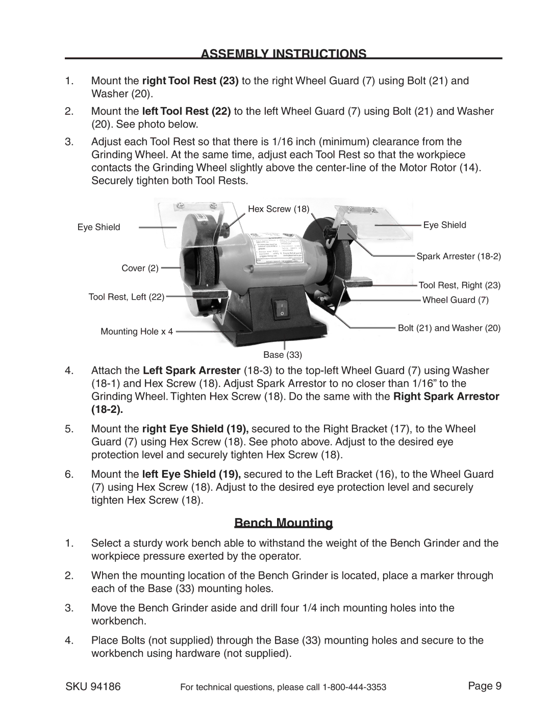 Harbor Freight Tools 94186 operating instructions Assembly Instructions, Bench Mounting 