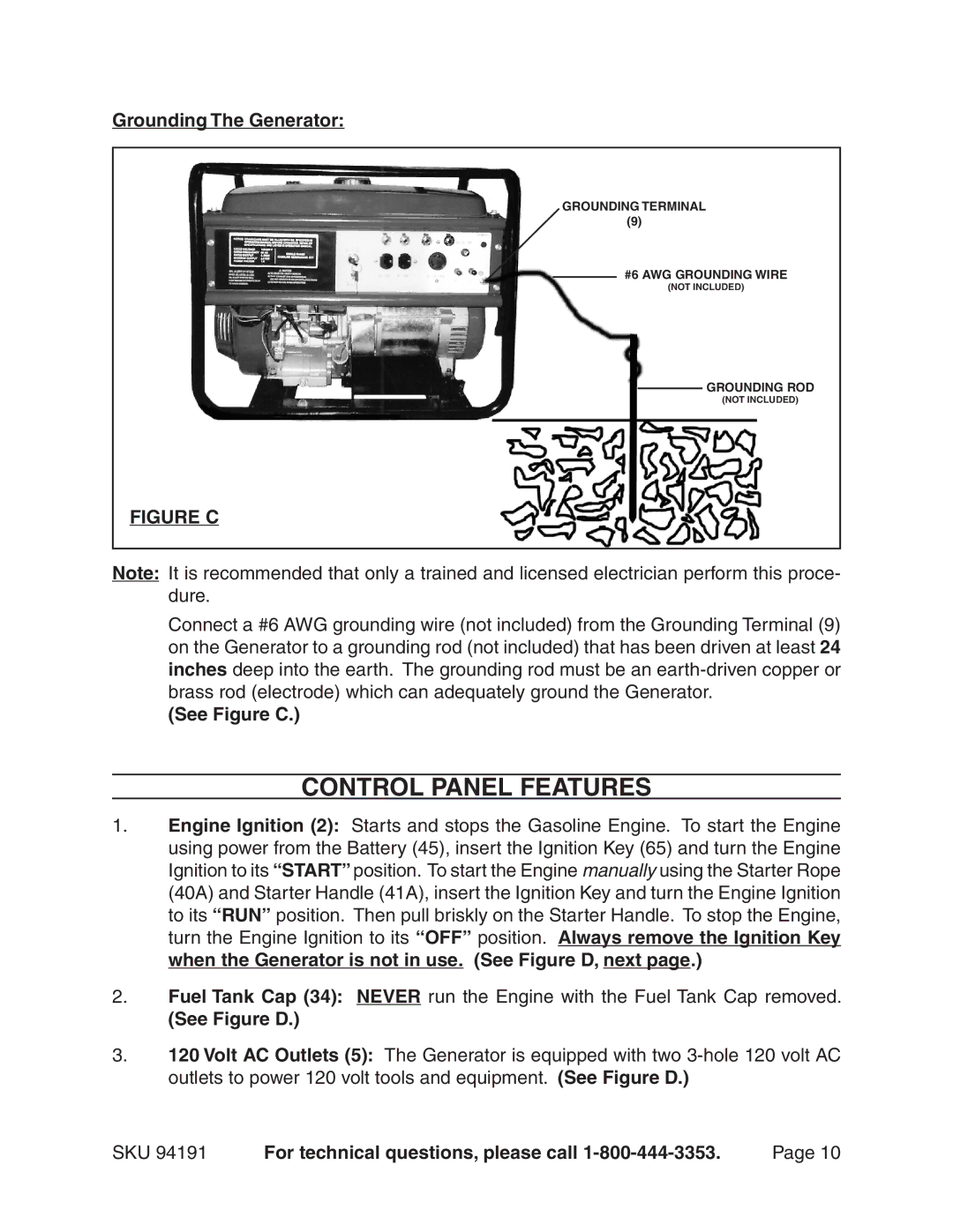 Harbor Freight Tools 94191 warranty Control Panel Features, Grounding The Generator, See Figure C, See Figure D 