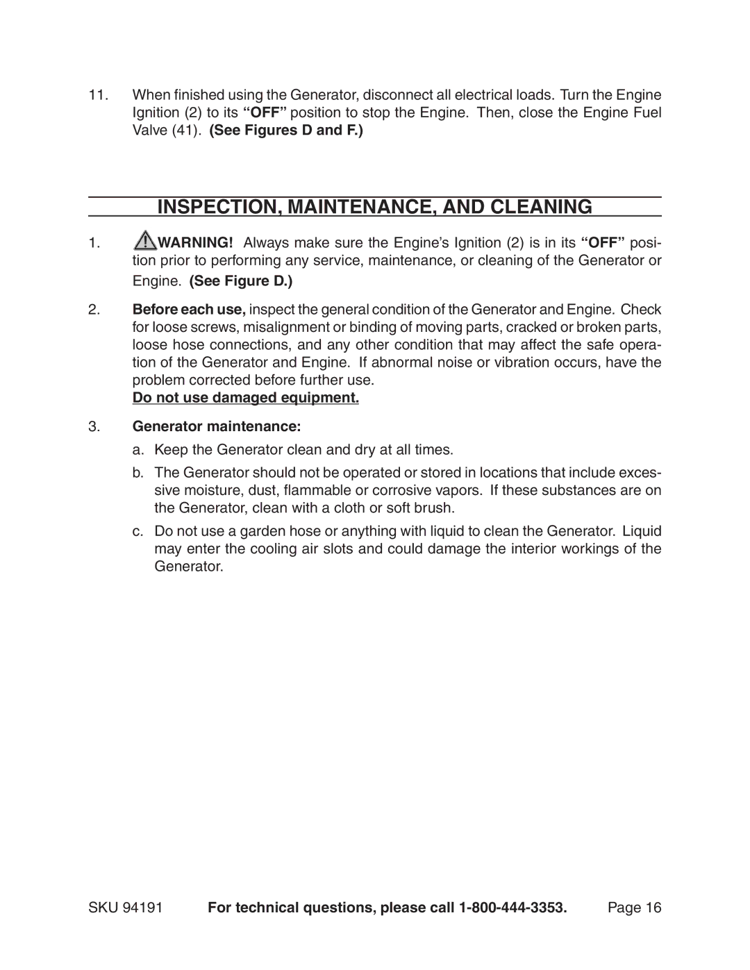 Harbor Freight Tools 94191 INSPECTION, MAINTENANCE, and Cleaning, Do not use damaged equipment Generator maintenance 