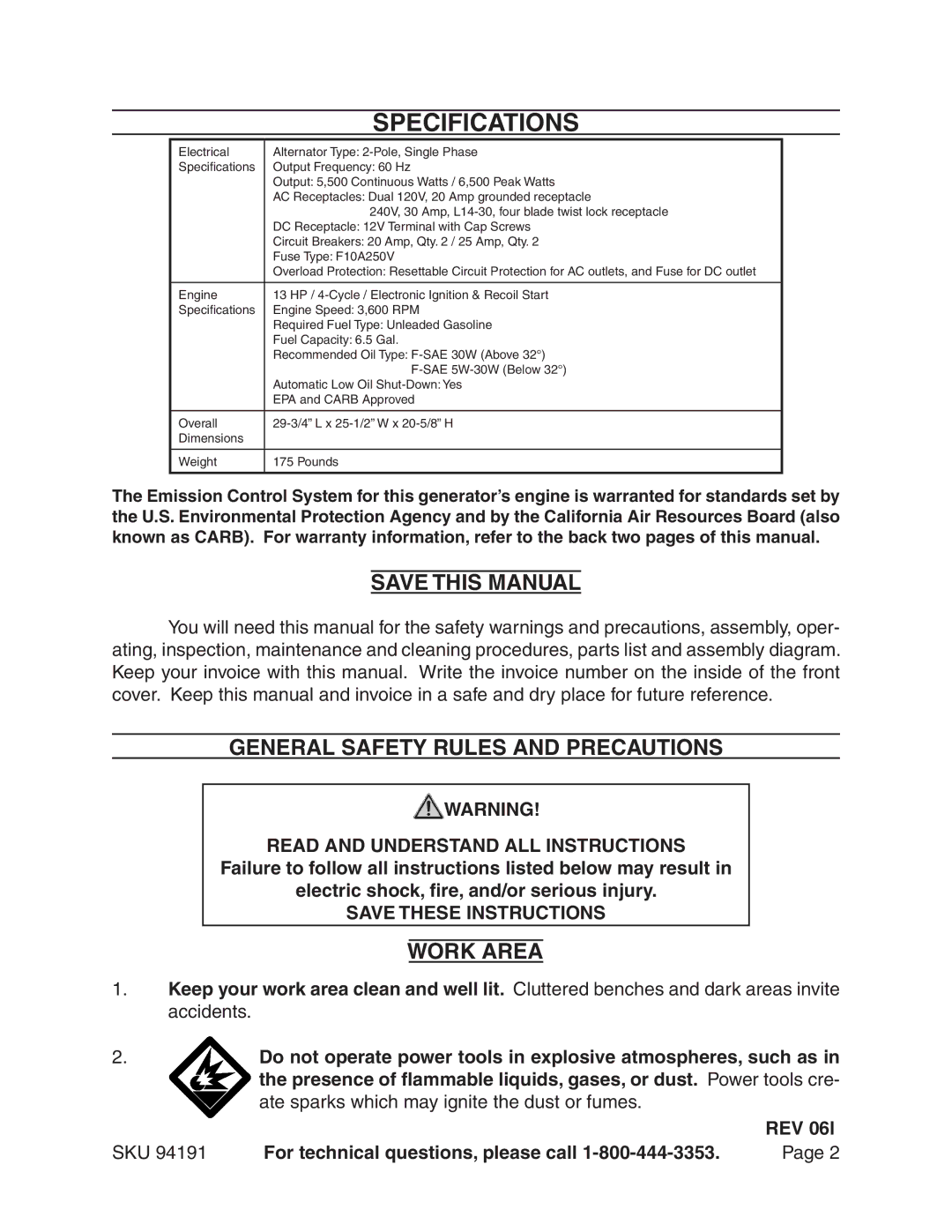 Harbor Freight Tools 94191 warranty Specifications, Save this Manual, General Safety Rules and Precautions, Work Area 