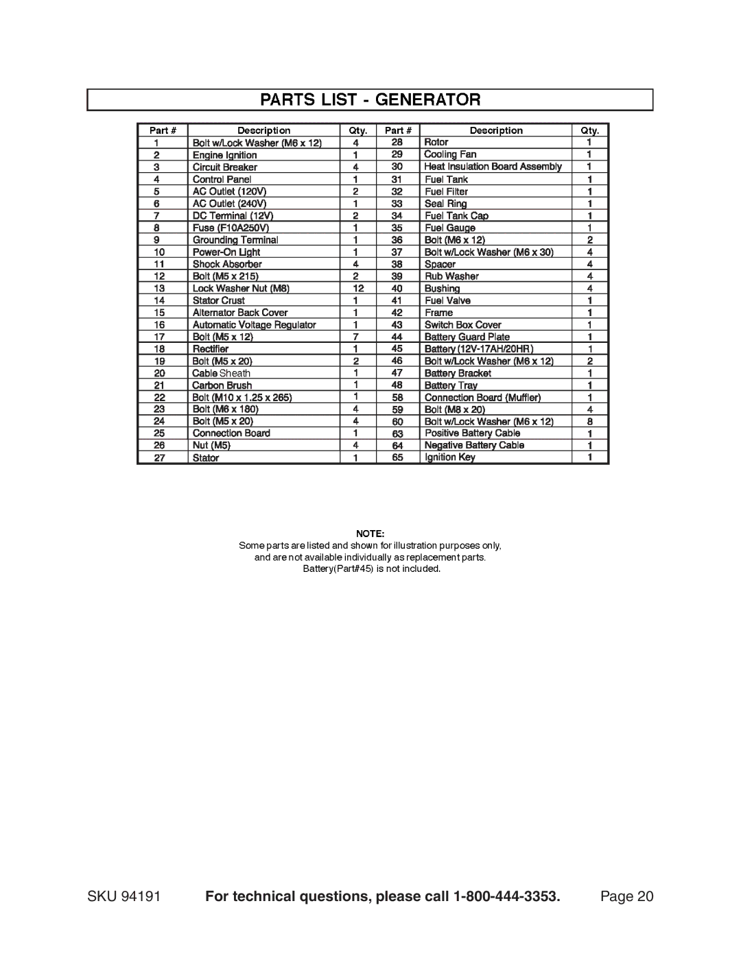 Harbor Freight Tools 94191 warranty Parts List Generator 