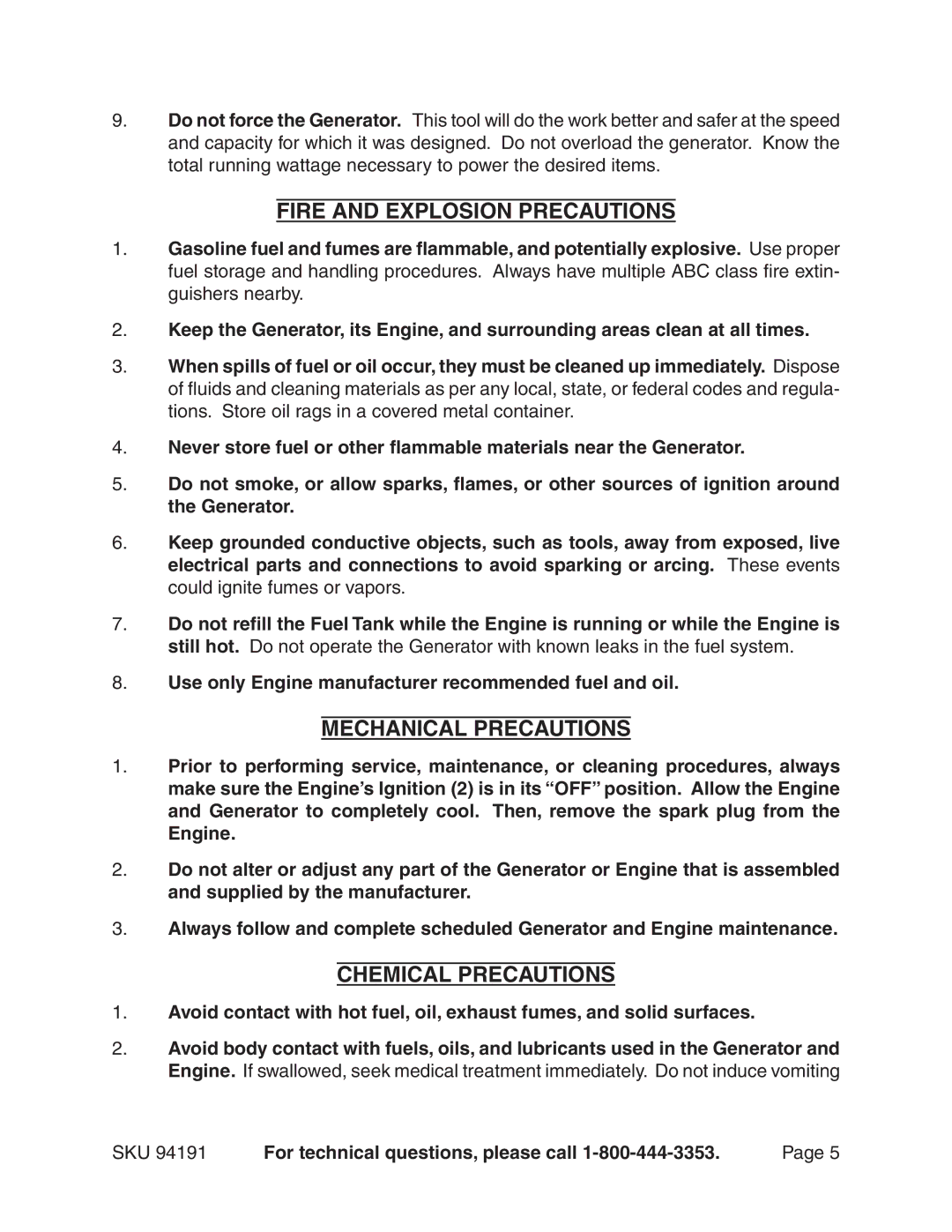 Harbor Freight Tools 94191 warranty Fire and Explosion Precautions, Mechanical Precautions, Chemical Precautions 