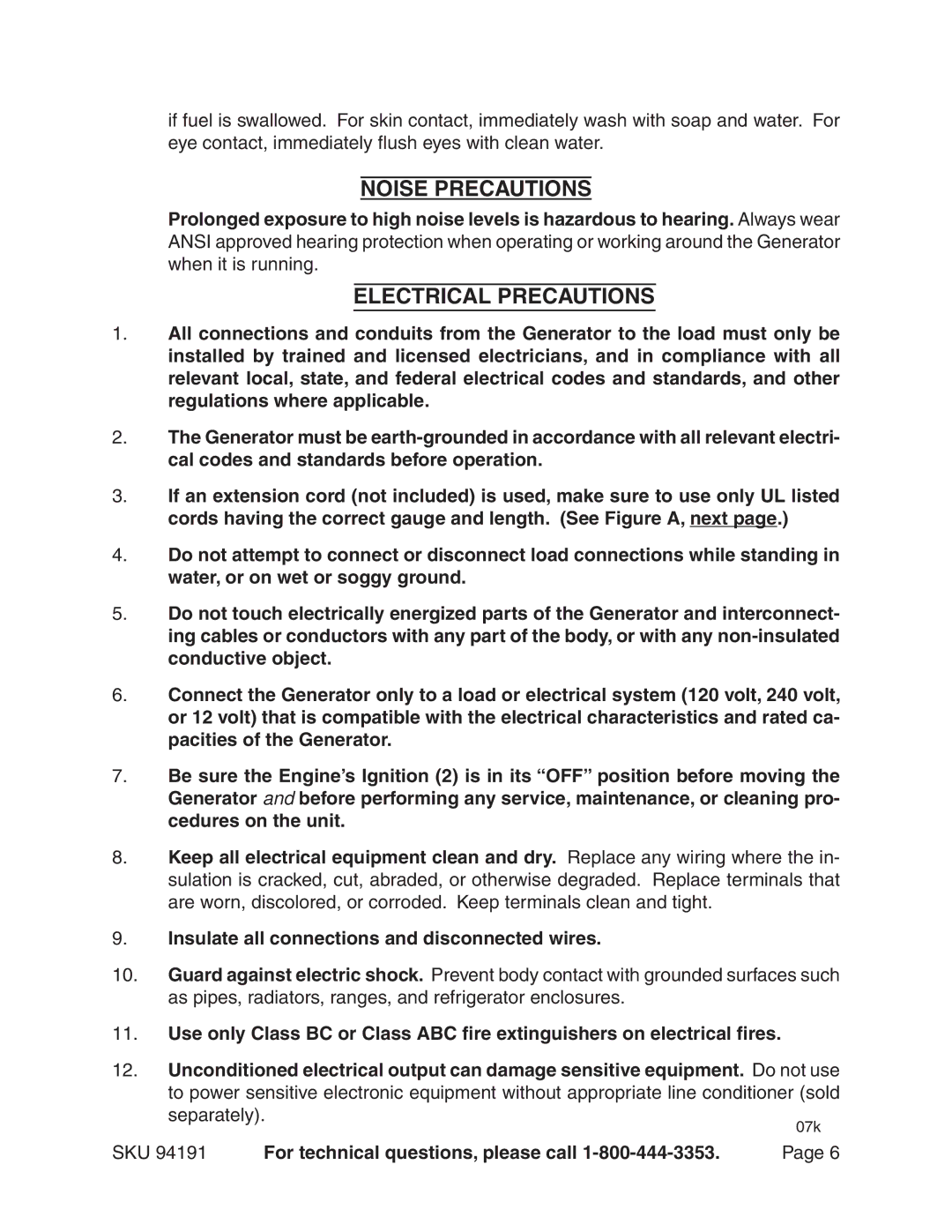 Harbor Freight Tools 94191 Noise Precautions, Electrical Precautions, Insulate all connections and disconnected wires 