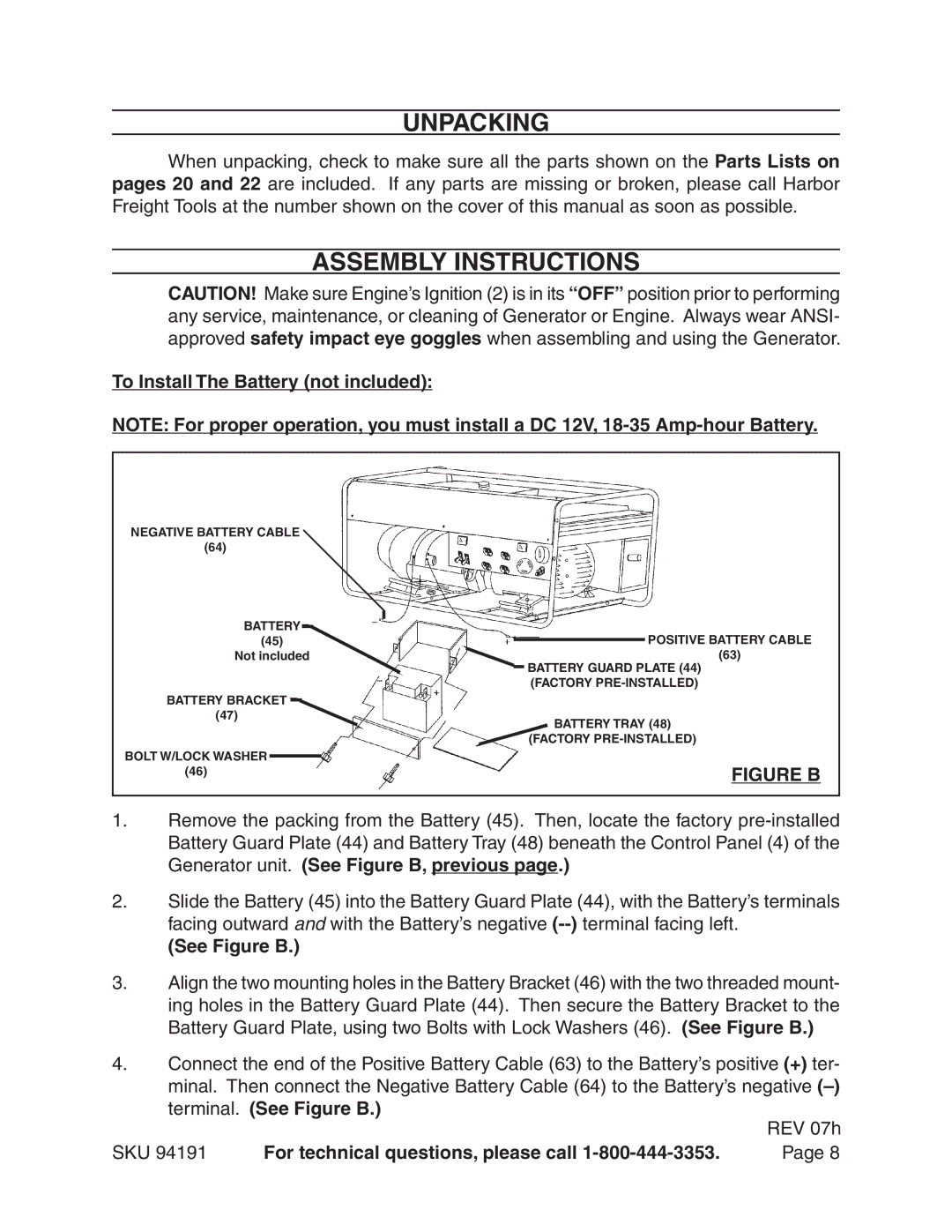 Harbor Freight Tools 94191 warranty Unpacking, Assembly Instructions, To Install The Battery not included, See Figure B 