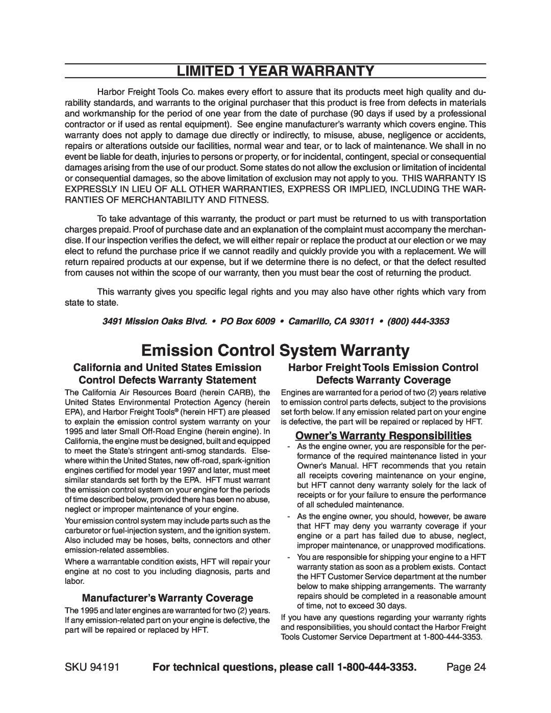 Harbor Freight Tools 94191 Emission Control System Warranty, Limited 1 year warranty, Owner’s Warranty Responsibilities 