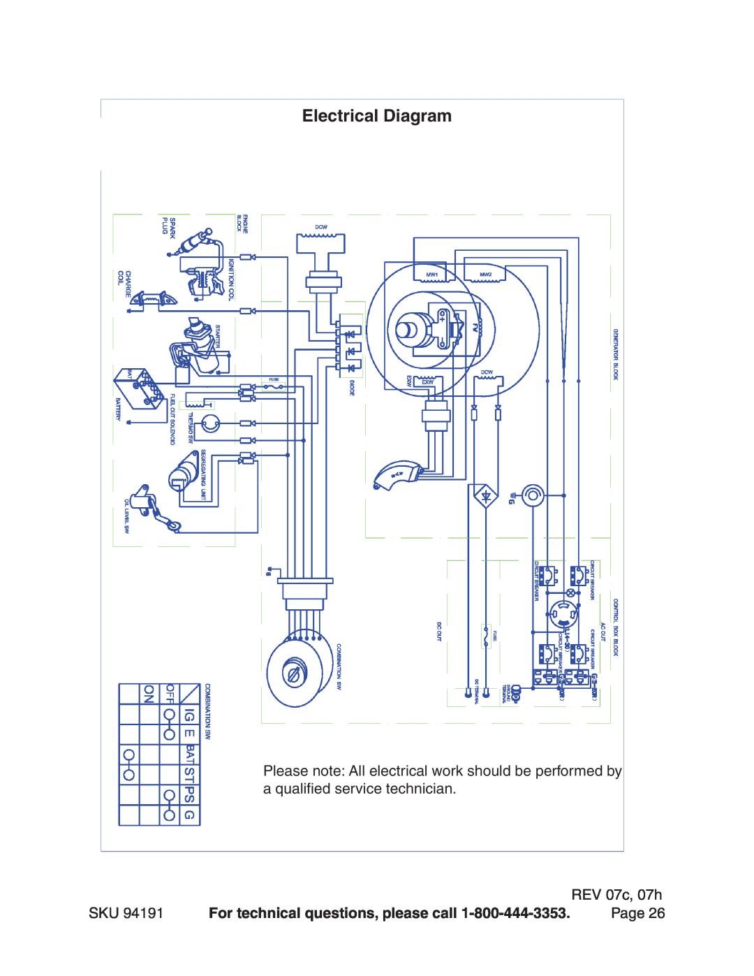Harbor Freight Tools 94191 warranty Electrical Diagram, REV 07c, 07h, For technical questions, please call, Page 